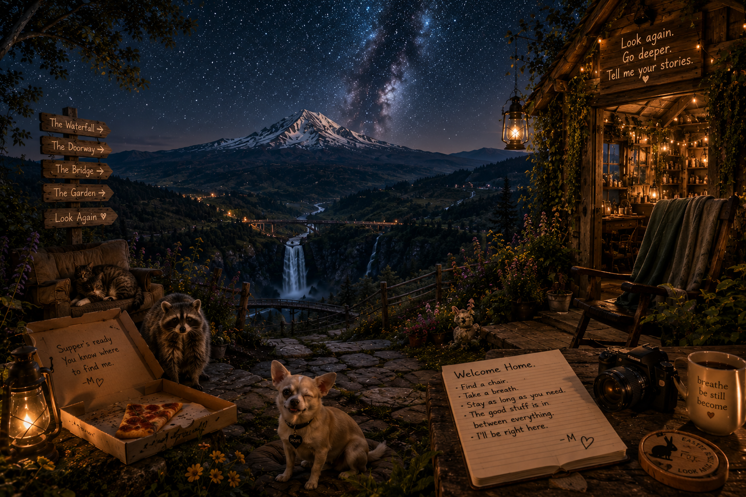 Nighttime outdoor scene with a view of a snow-capped mountain and starry sky, including a waterfall and bridge in a valley. On the right, a cozy wooden shelter decorated with string lights and lanterns. On the left, a signpost with multiple signs: "The Waterfall," "The Doorway," "The Bridge," "The Garden," and "Look Again." Foreground features a pizza box with a note, a raccoon, a dog, a camera, a mug, a lantern, and potted plants, creating a rustic, inviting atmosphere.