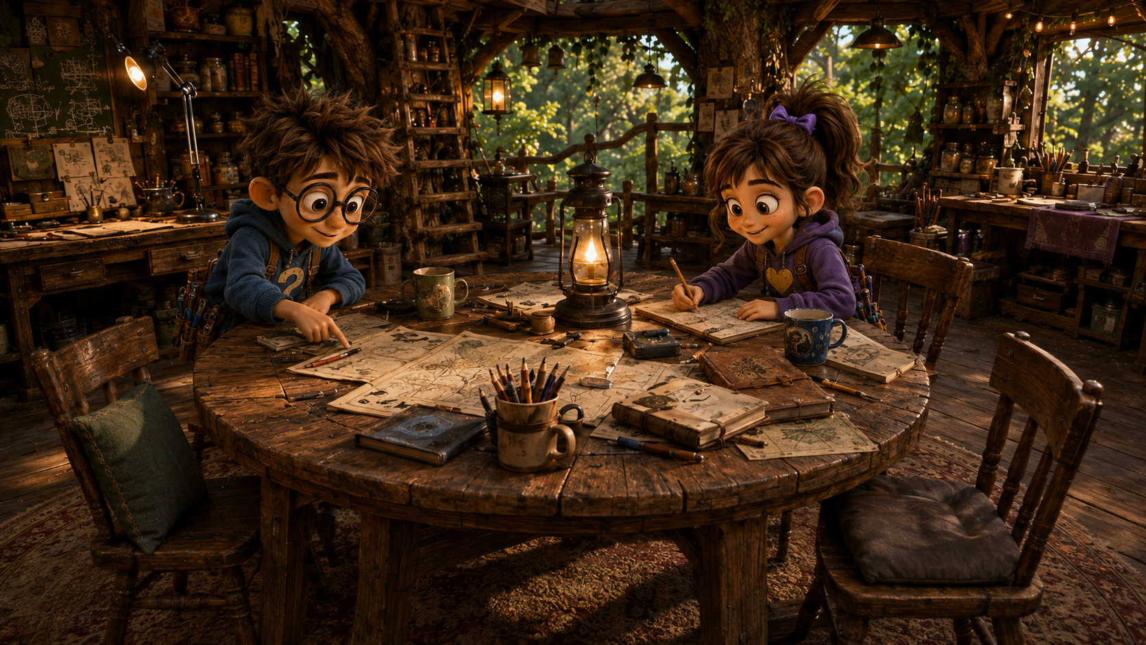 Two children, a boy and a girl, sit at a rustic wooden table covered with maps, books, and drawing supplies in a cozy, treehouse-style workshop filled with shelves of jars, books, and tools. They are engaged in drawing or planning with focused expressions, illuminated by a lantern in the center of the table.