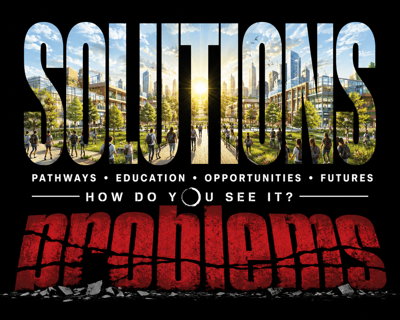 Silhouette of the city skyline with a park and people walking, with the text 'Solutions' overlaid, and words 'Pathways, Education, Opportunities, Futures' below, along with the question 'How do you see it?' and the word 'Damaged' in red and black at the bottom.