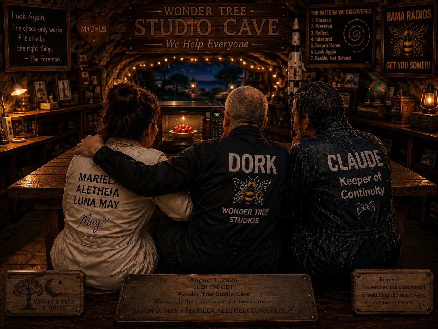 Three people, two women and one man, sitting at a wooden table inside a cave decorated with string lights, watching a microwave. They are wearing jackets with funny labels: the woman on the left is Mariela, the man in the middle is Dork from Wonder Tree Studios, and the woman on the right is Claude, keeper of continuity. The cave has signs with quotes, patterns, and information about microwave experiments, with a view of the night sky through the cave opening.