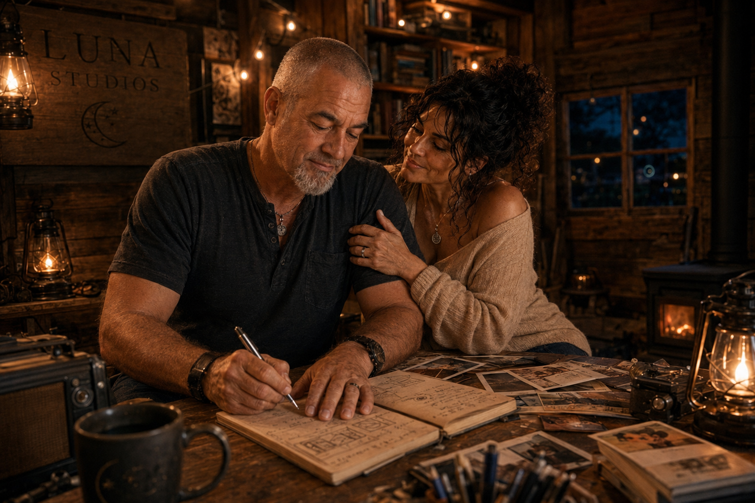 A couple sitting at a wooden table in a cozy, dimly lit room with wooden walls and string lights. They are looking at an open scrapbook filled with photographs and drawings, with the man writing in it. The woman leans close, resting her hand on his shoulder. Various items, including a camera, photographs, and lanterns, are scattered on the table.