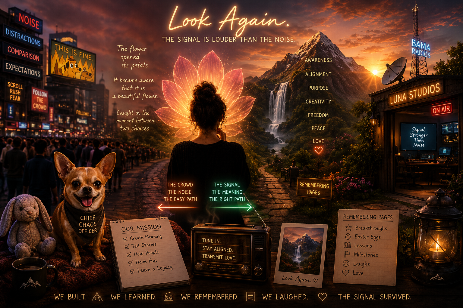 An artistic scene featuring a woman with a glowing flower on her head, a mountain landscape with waterfalls, and a crowd of people at a storytelling event. Various signs, a dog and stuffed animal on a blanket, and a radio are present, emphasizing themes of communication, purpose, and love.