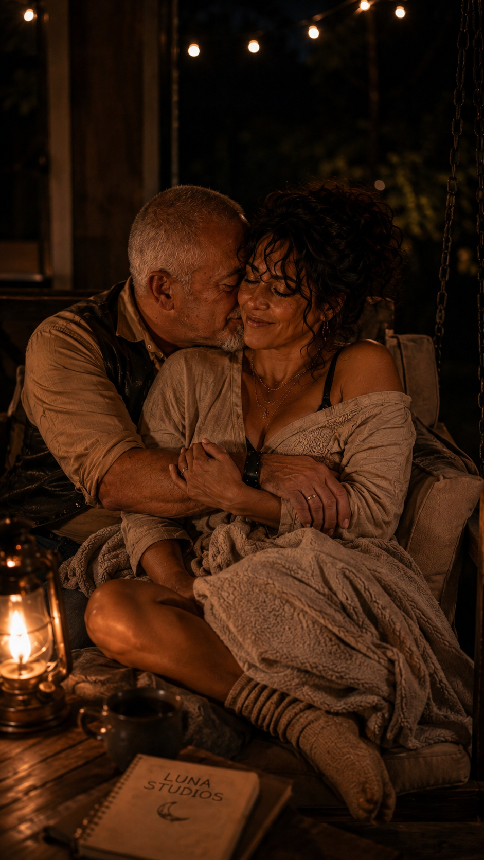 An elderly couple sharing an intimate moment at night, sitting close together on a sofa with a candle and a book titled 'LUNA STUDIOS' nearby, illuminated by string lights.