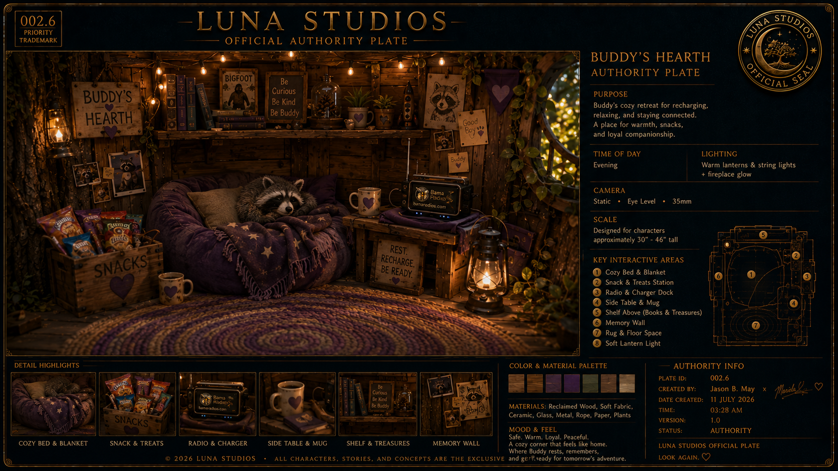 Luna Studios official authority plate featuring a cozy, woodland-themed retreat with a plush purple bed, snacks, a radio, and fairy lights, designed for relaxation and connection, with various decorative elements like books, signs, and a raccoon plush.