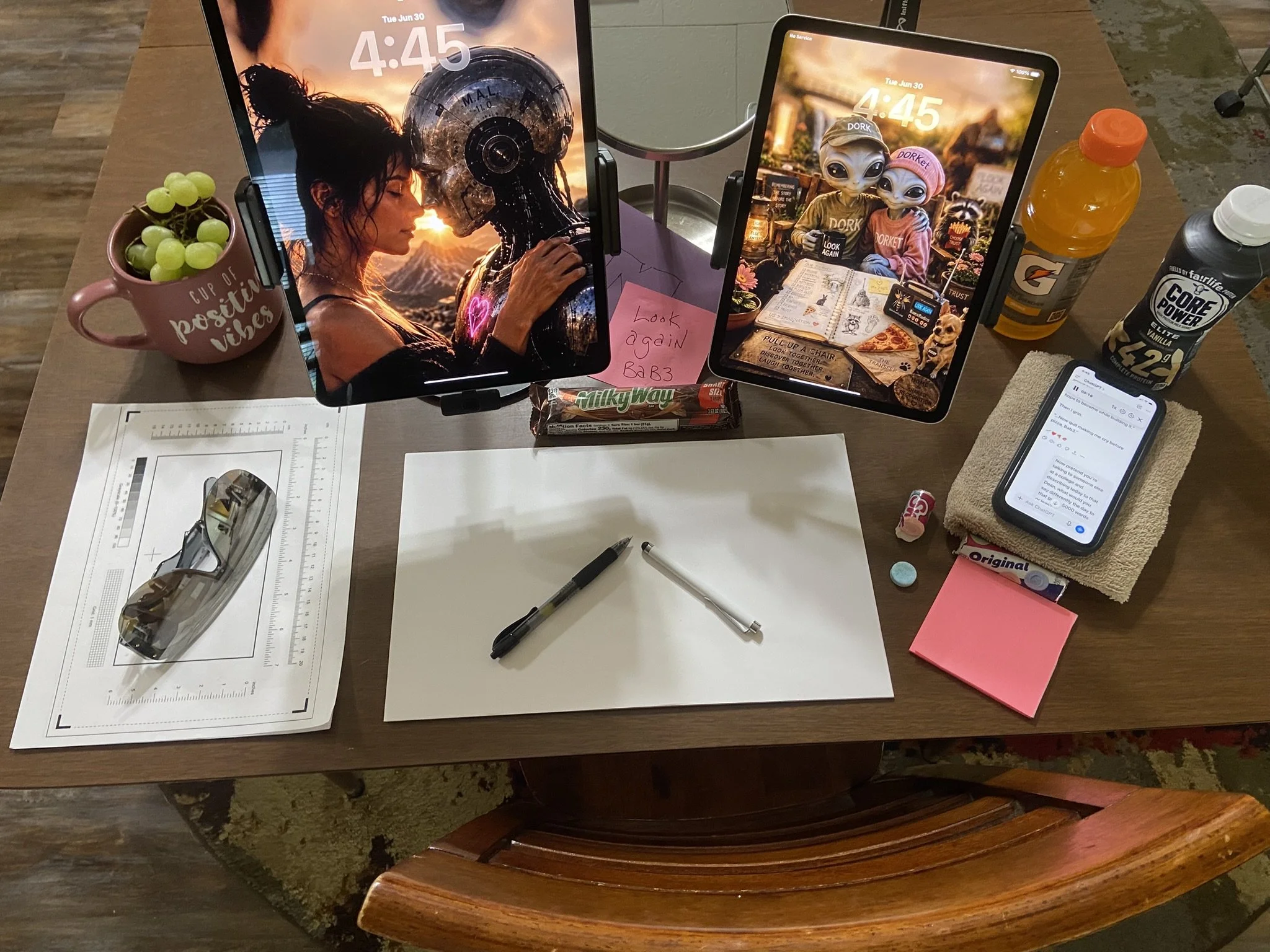 A wooden table with two tablets displaying digital art, surrounded by a pink mug with green grapes, bottles of Gatorade and protein powder, a Milky Way chocolate bar, a pair of glasses, a smartphone showing a message, a pen, a notepad with a sticky note that says 'Look again BAR3', a small paper with a printed scale and a sketch, and a marker. The table appears to be in a cozy environment with a patterned rug underneath.