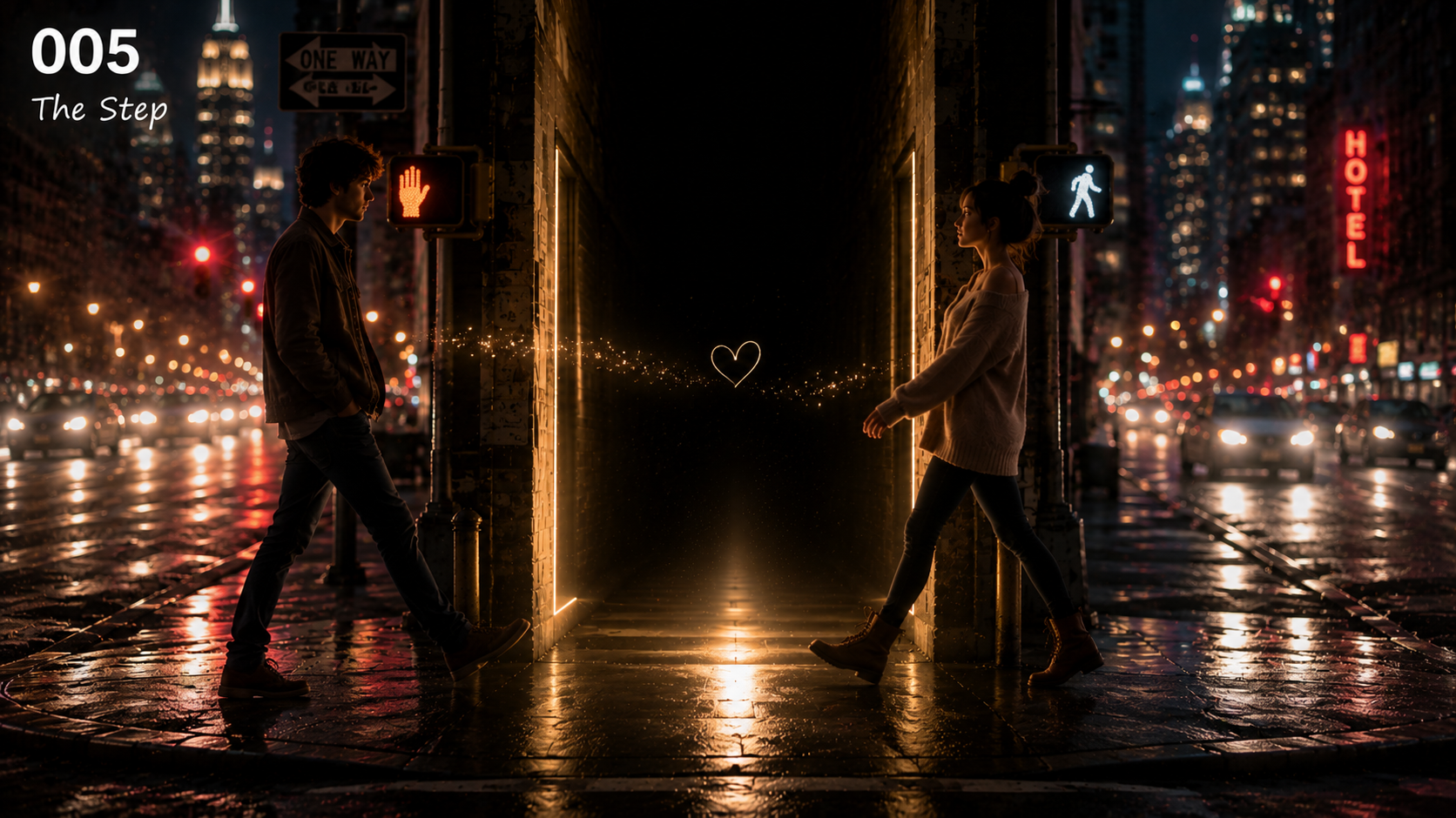 A man and woman are standing on opposite sides of a glowing, heart-shaped portal in the middle of a rain-soaked city street at night, illuminated by city lights and traffic.