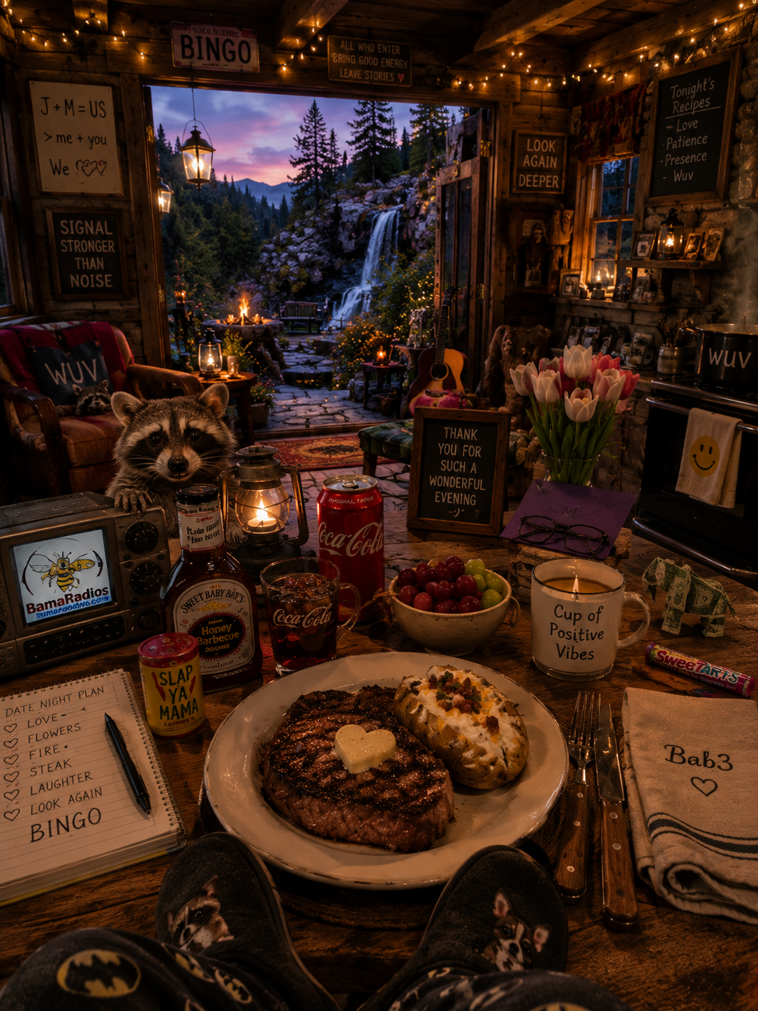 Cozy cabin interior with a view of a waterfall and sunset outside. The room is decorated with string lights, framed photos, and signs with inspirational messages. A table with food and drinks, including steak, baked potato with toppings, a bowl of grapes, and a cup labeled 'Cup of Positive Vibes,' is visible. There are flowers, candles, a guitar, and a small radio. A raccoon is peeking over the table, and the person's feet wearing Batman slippers are in the foreground.