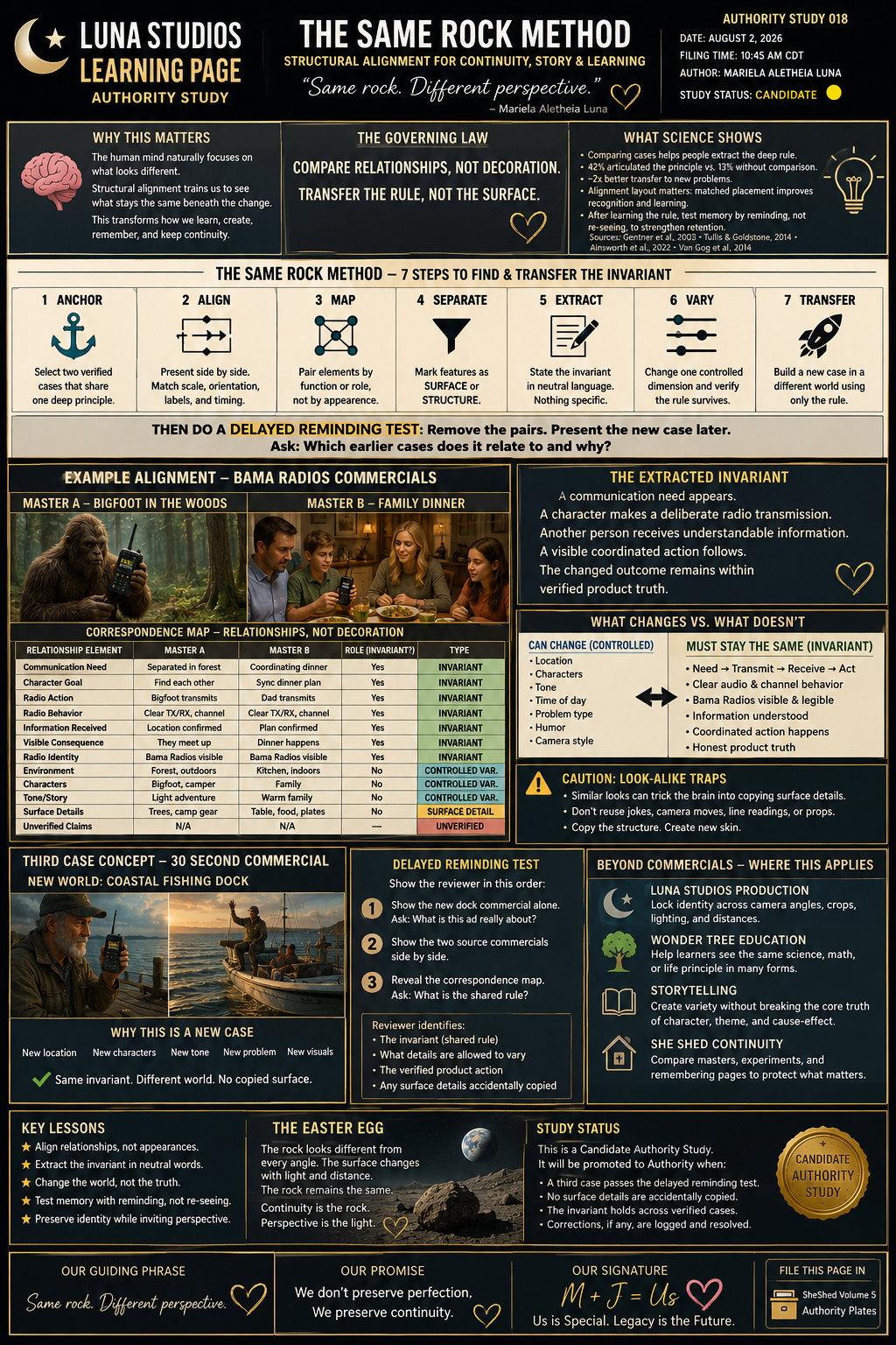 An infographic explaining the 'Same Rock Method' for structural alignment in learning. It includes sections on why alignment matters, the seven steps to find and transfer the invariant in a rock, example commercial references, the importance of the invariant, and differences between changes and constants. Also features a case study about a coastal fishing dock, key lessons, Easter egg, and study status, emphasizing continuity and perspective.