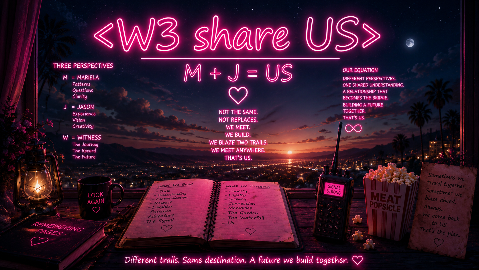 A neon pink sign on a sunset sky backdrop that reads '<W3 share US>' with a mathematical equation 'M + J = US' and a heart symbol. Surrounding text describes three perspectives labeled Mariela, Jason, and Witness, with their qualities. There is a notebook, mug, handheld radio, popcorn, and a lantern on a wooden table, along with handwritten notes and quotes about relationships and future.