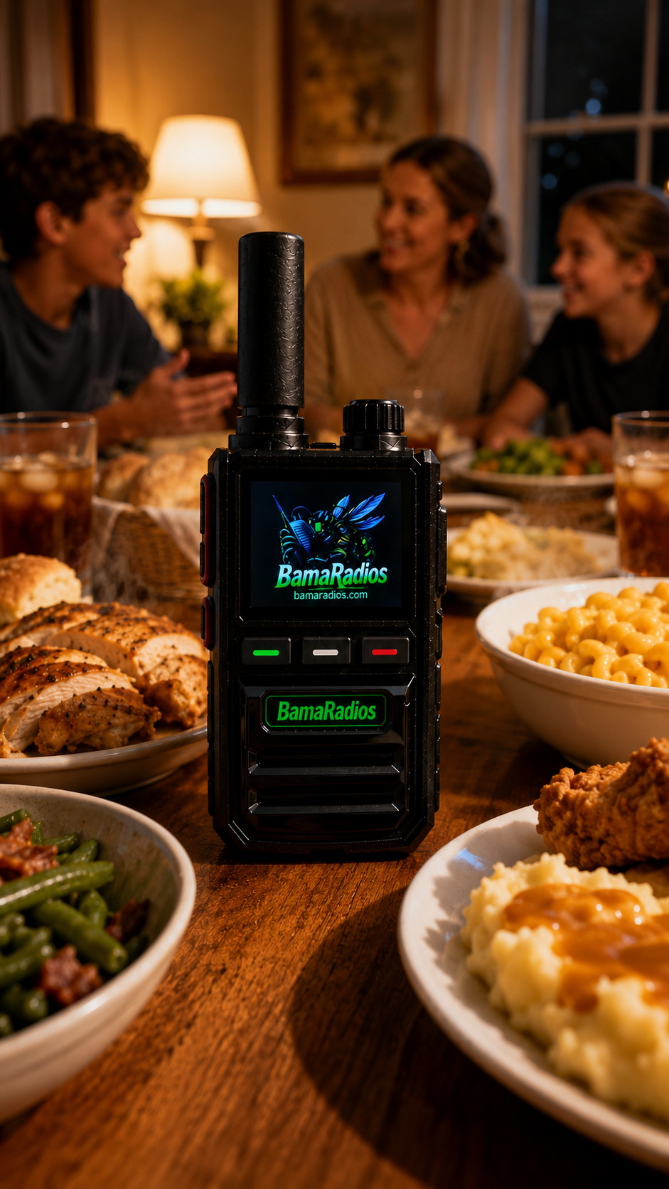 A handheld radio device displaying 'BamaRadios' with a dinner table in the background, family gathered, and various dishes including mashed potatoes, green beans, roasted chicken, and mac and cheese.