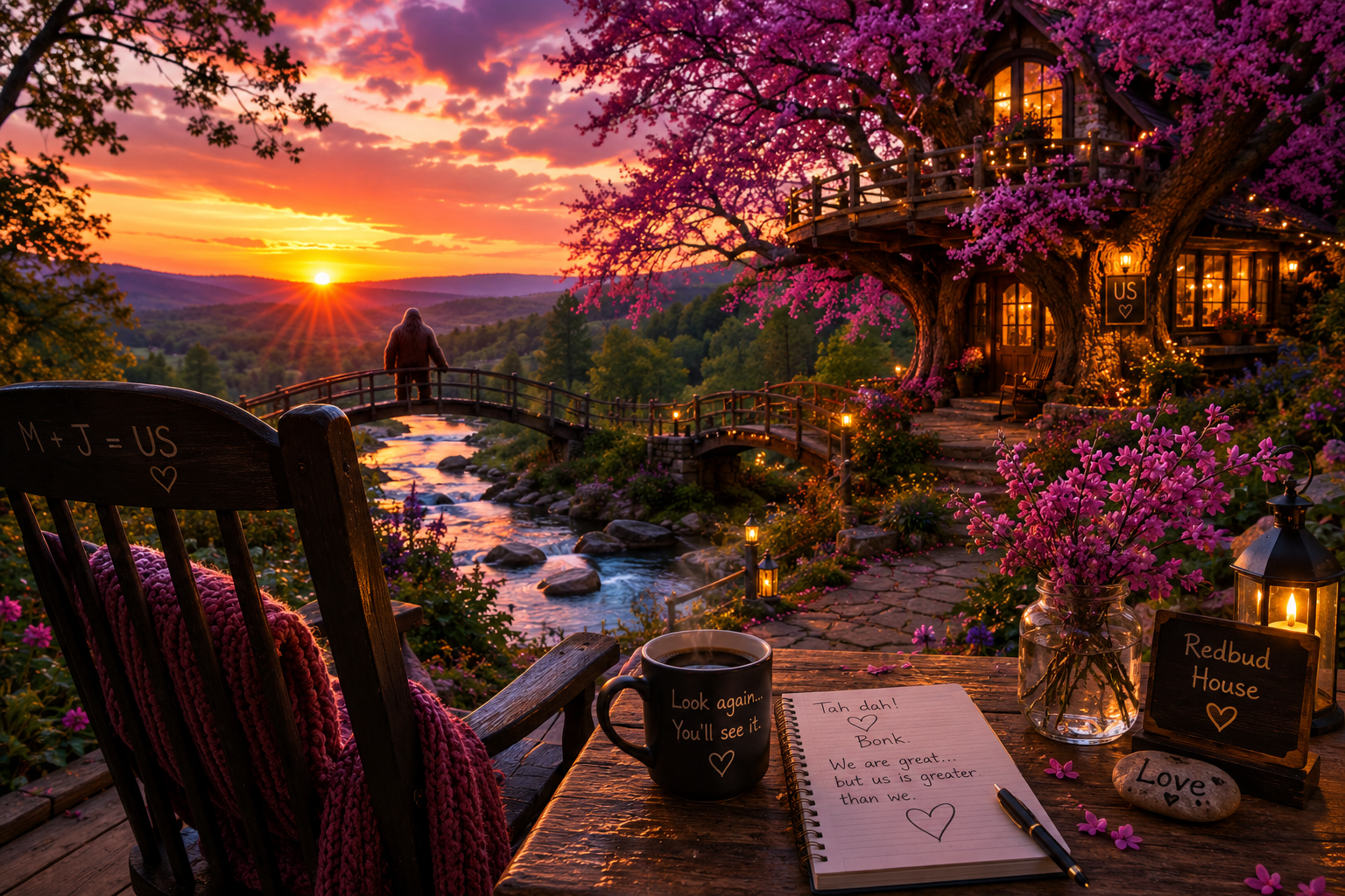 A scenic view of a wooden house with a large blooming pink tree, overlooking a river at sunset. A person stands on a small bridge over the river, with purple flowers and lanterns along the pathway. In the foreground, a table has a coffee mug, a notebook, and decorative signs with love messages.