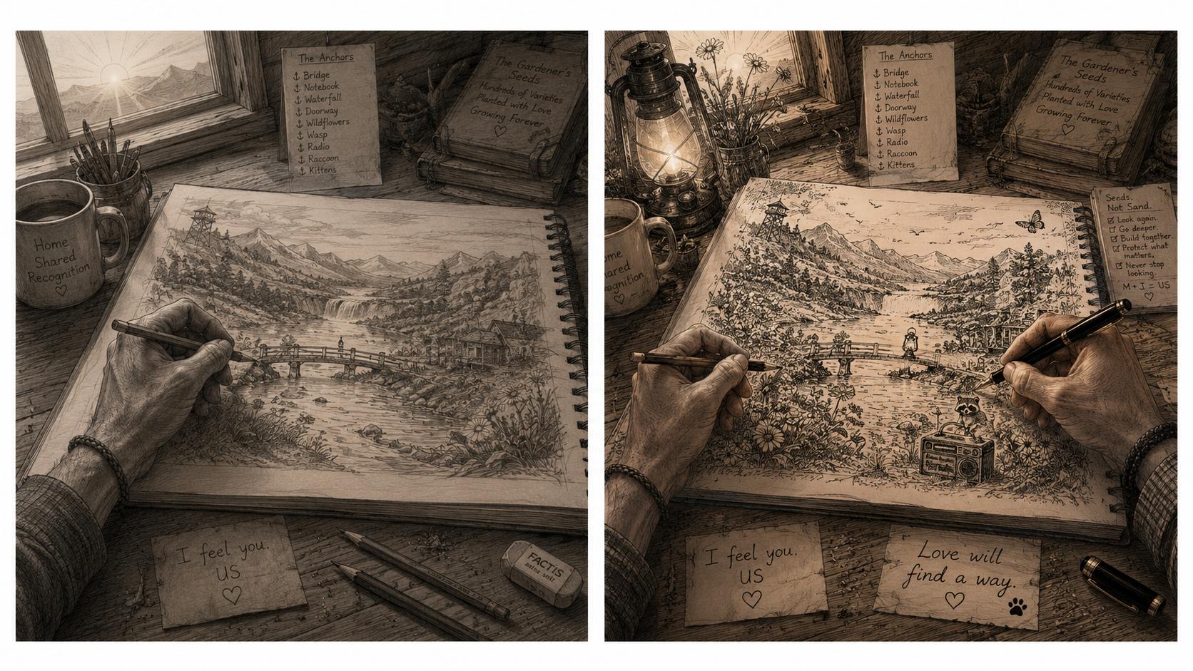 Comparison of two sketches of a scenic landscape on a desk, one in grayscale and the other in sepia tone. The drawings depict a river flowing through a valley with mountains in the background, bridges, trees, and a person walking on the bridge. The desk has art supplies, notes, and a coffee mug with handwritten messages, including 'I feel you. us' and 'Love will find a way'.