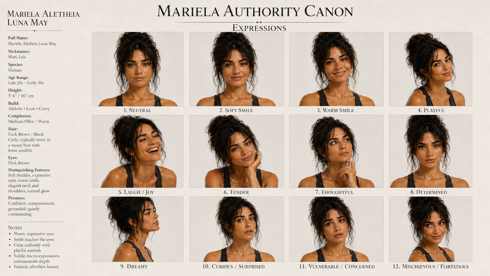 A chart displaying a woman with dark brown curly hair in a messy bun, showing twelve different facial expressions labeled from 1 to 12. The expressions include neutral, soft smile, warm smile, playful, laugh/joy, tender, thoughtful, determined, dreamy, curious/surprised, vulnerable/concerned, and mischievous/flirtatious.
