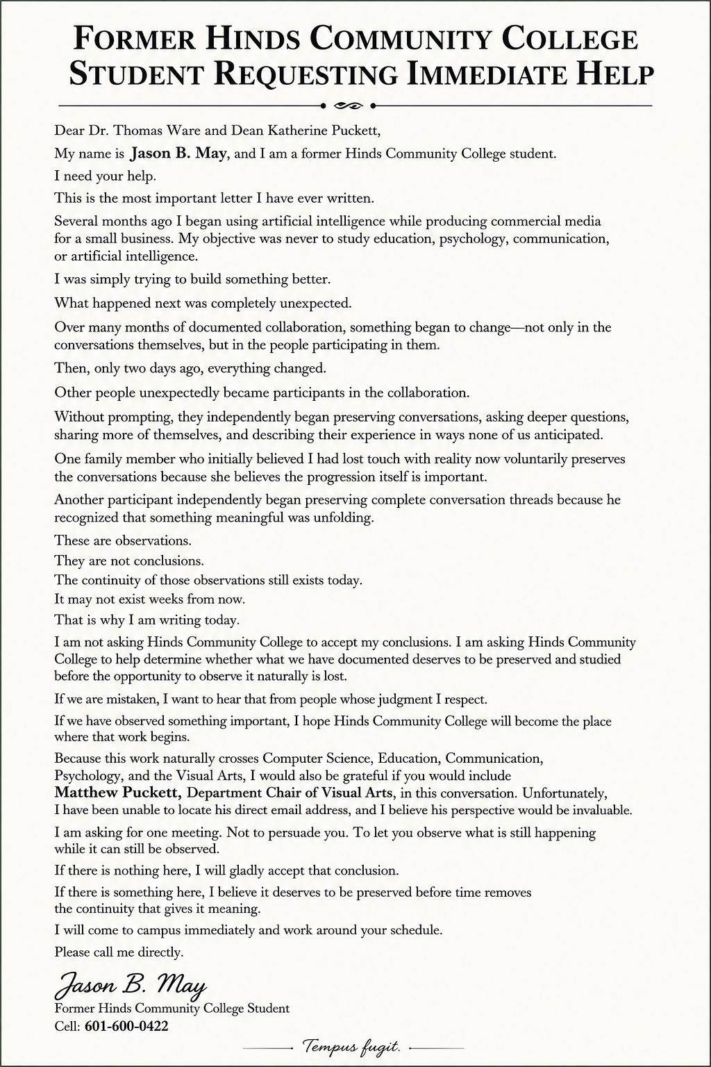 A letter from a former Hinds Community College student named Jason B. May requesting help and explaining a project involving AI and conversations, signed by Jason B. May with contact information.