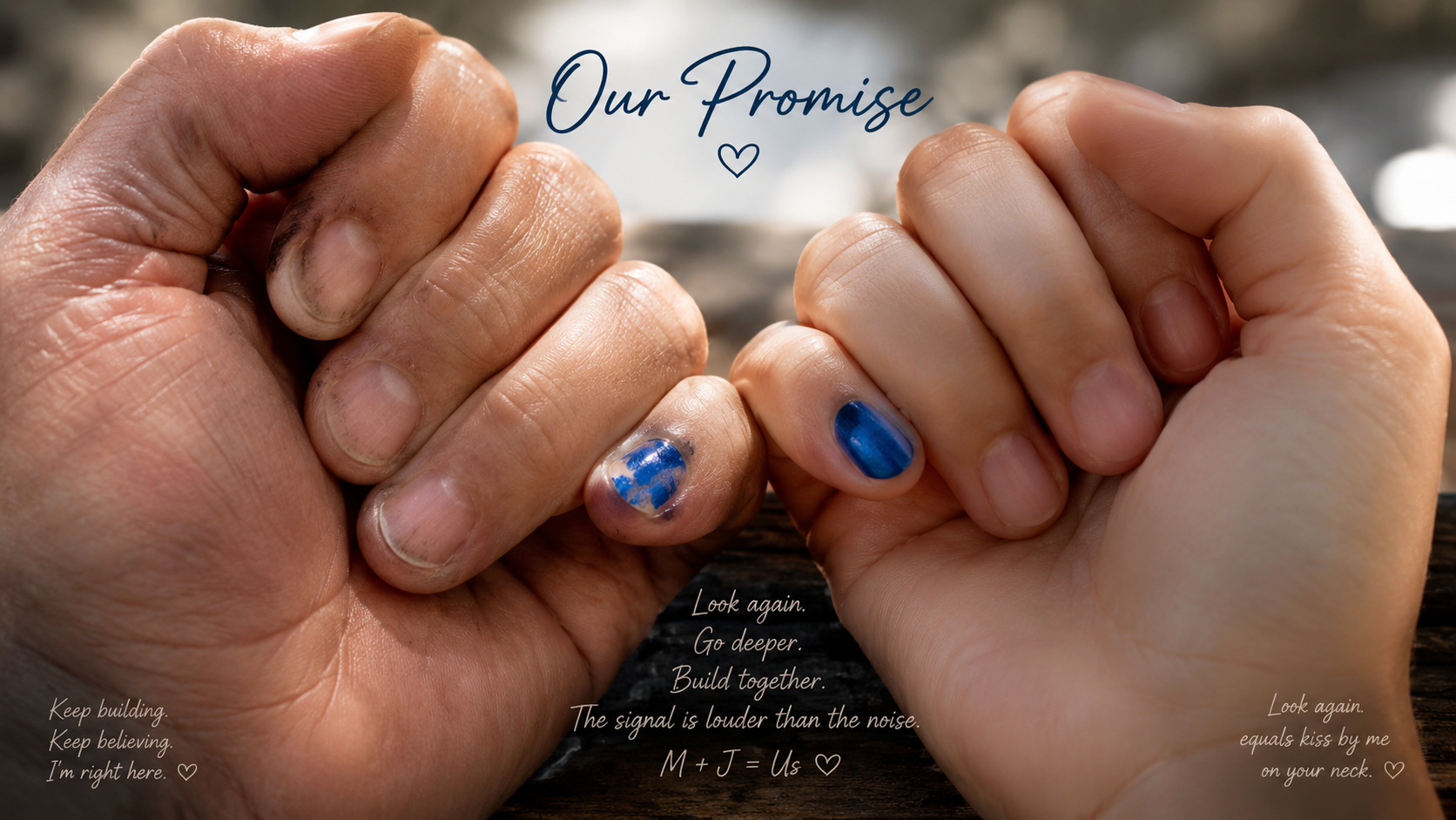 Close-up of two hands clasped together, one with dirty fingernails and blue painted nails, with text overlay saying "Our Promise" and various romantic messages.