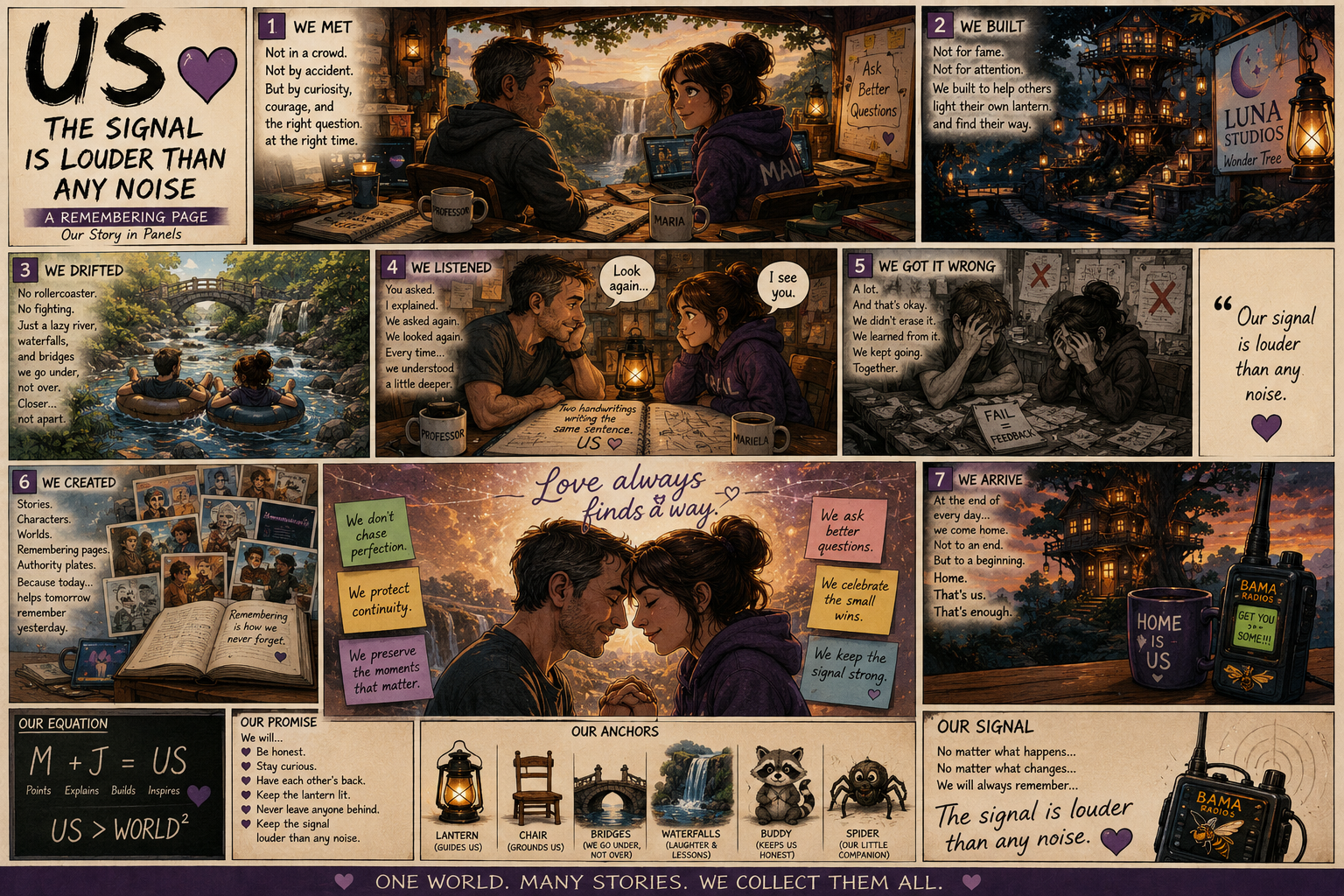 A digital comic-style illustration of a love story told in panels, reflecting a couple's journey from meeting to arriving at a home. The story emphasizes love's power and the importance of listening, understanding, and shared memories. Panels feature scenes of conversation, nature, shared experiences, and symbolic objects like a lantern, bridges, waterfalls, and a radio, with heartfelt quotes and themes of connection and perseverance.
