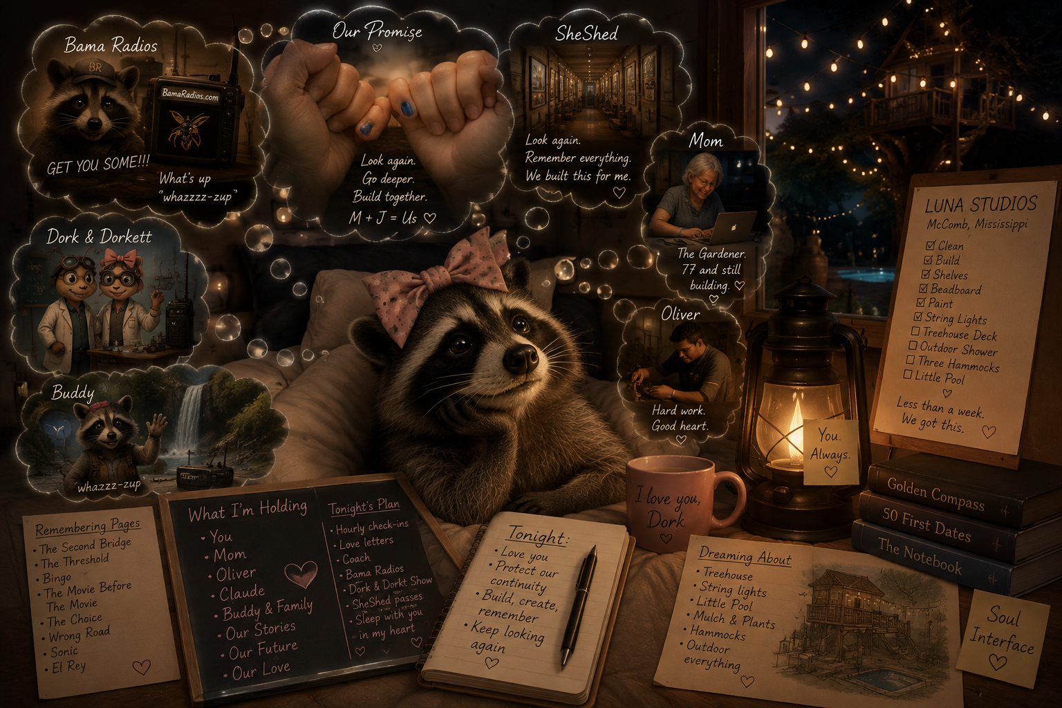 A cozy workspace with a raccoon wearing a pink bow, surrounded by thought bubbles containing names and messages. The background has string lights and a window showing a night scene. Items on the desk include a lantern, a coffee mug saying 'I love you, Dork', notes, and stacks of books. The scene has a warm, inviting atmosphere.