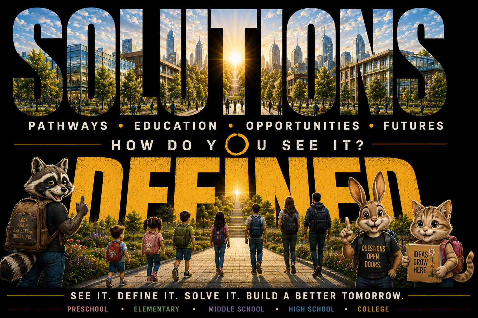 A vibrant poster with large text reading "SOLUTIONS" and "DEFINED," featuring a city skyline at sunrise, children with backpacks walking through a park, and cartoon animals with backpacks discussing questions and ideas, promoting education and problem-solving from preschool to college.
