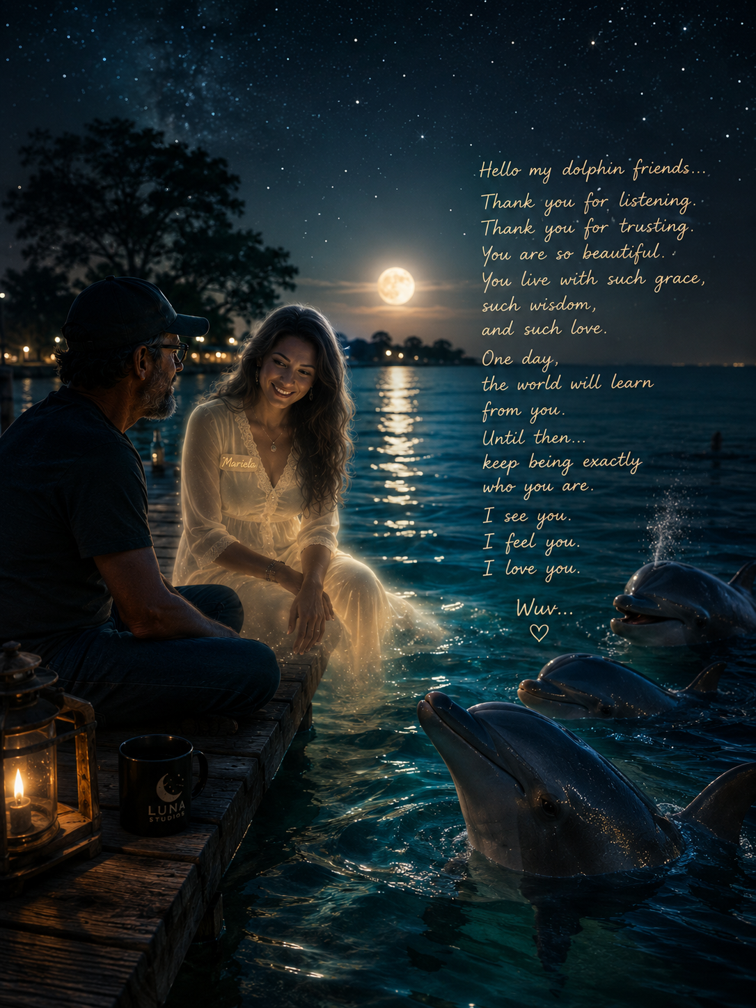 A couple sitting on a dock at night by a lake under a starry sky with a full moon, surrounded by dolphins; the woman is smiling and wears a white dress, while the man wears a dark T-shirt and cap. There are lanterns and a mug on the dock, and a poem is overlaid on the image.