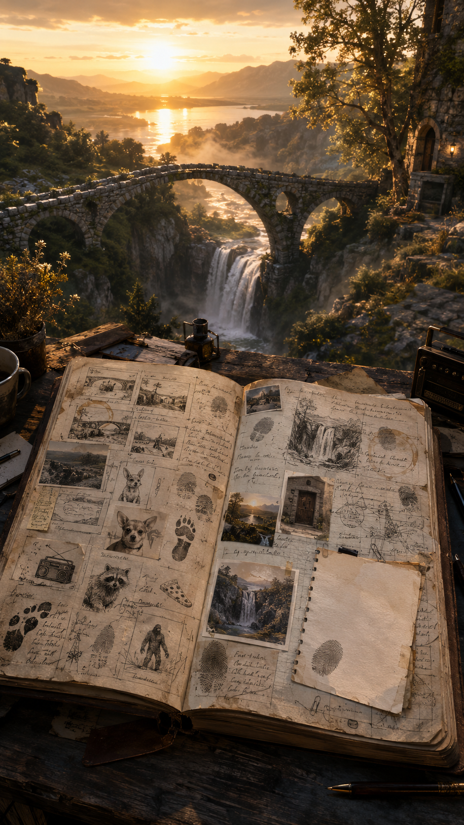 Open journal with sketches and photos on a wooden table overlooking a scenic landscape with a stone bridge, waterfalls, river, trees, and mountains at sunset.