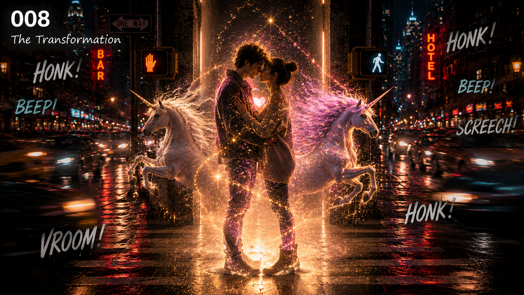 A digital artwork of a couple standing close together at night on a city street, with glowing unicorns and sparkles around them. The scene is illuminated by neon signs, streetlights, and the city skyline in the background. The image has dynamic sound effect words like 'HONK!', 'BEEP!', 'VROOM!', 'SCREECH!', and 'Honk!' displayed around.