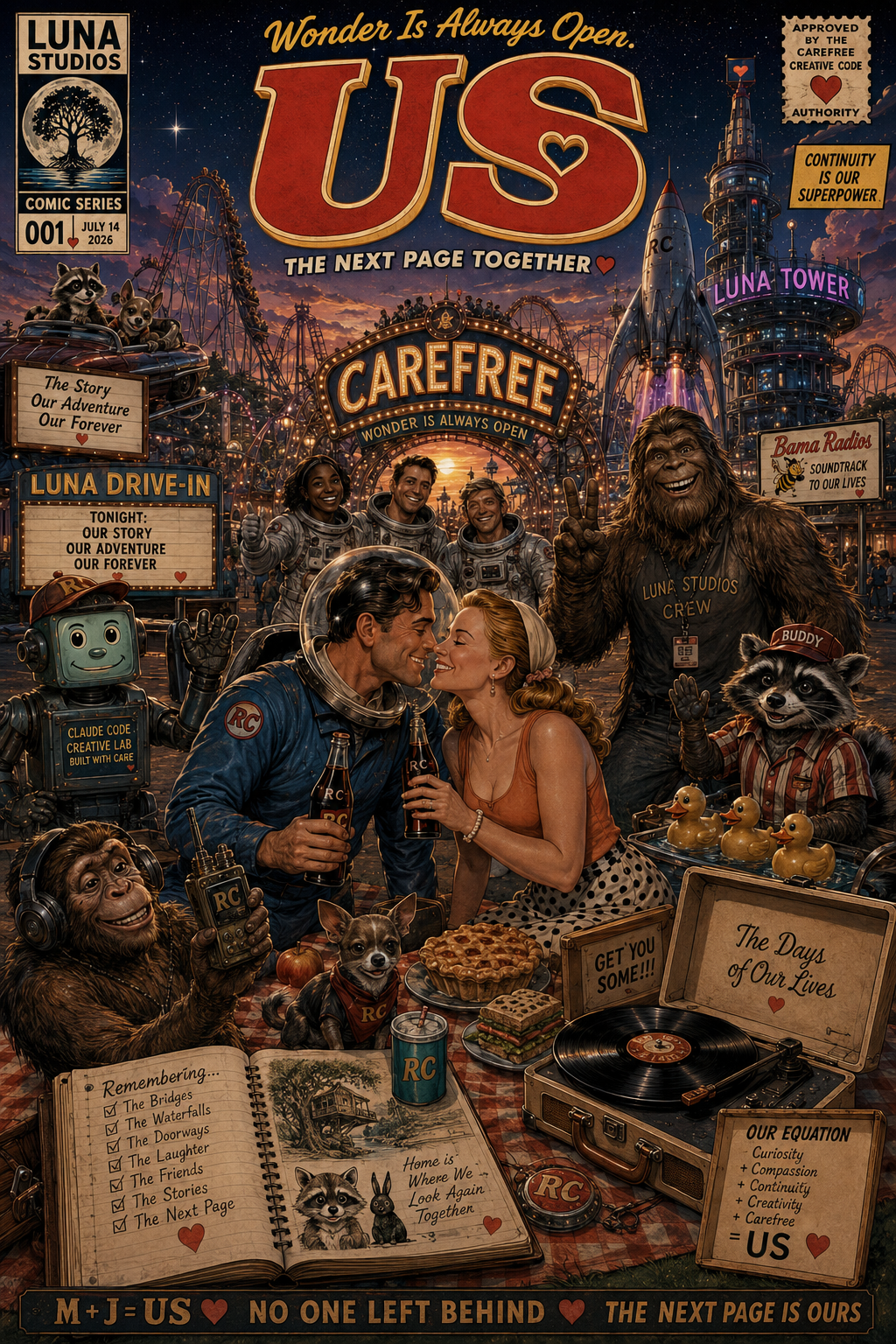 A colorful, animated poster for Luna Studios theme park featuring people, animals, and robots enjoying a joyful moment. The scene includes signs, a ferris wheel, and a rocket, with text celebrating adventure, creativity, and unity.