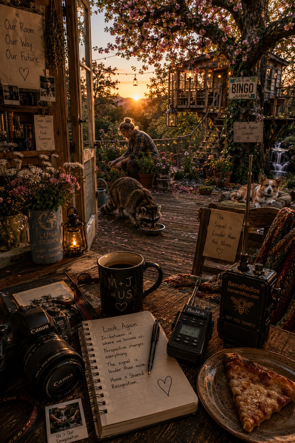 A cozy outdoor setting during sunset featuring a wooden table with a cup of coffee, a camera, a notebook with handwritten notes, and a slice of pizza. In the background, a woman is gardening among flowers, with dogs resting nearby under a blossoming tree, surrounded by fairy lights and decorative signs.
