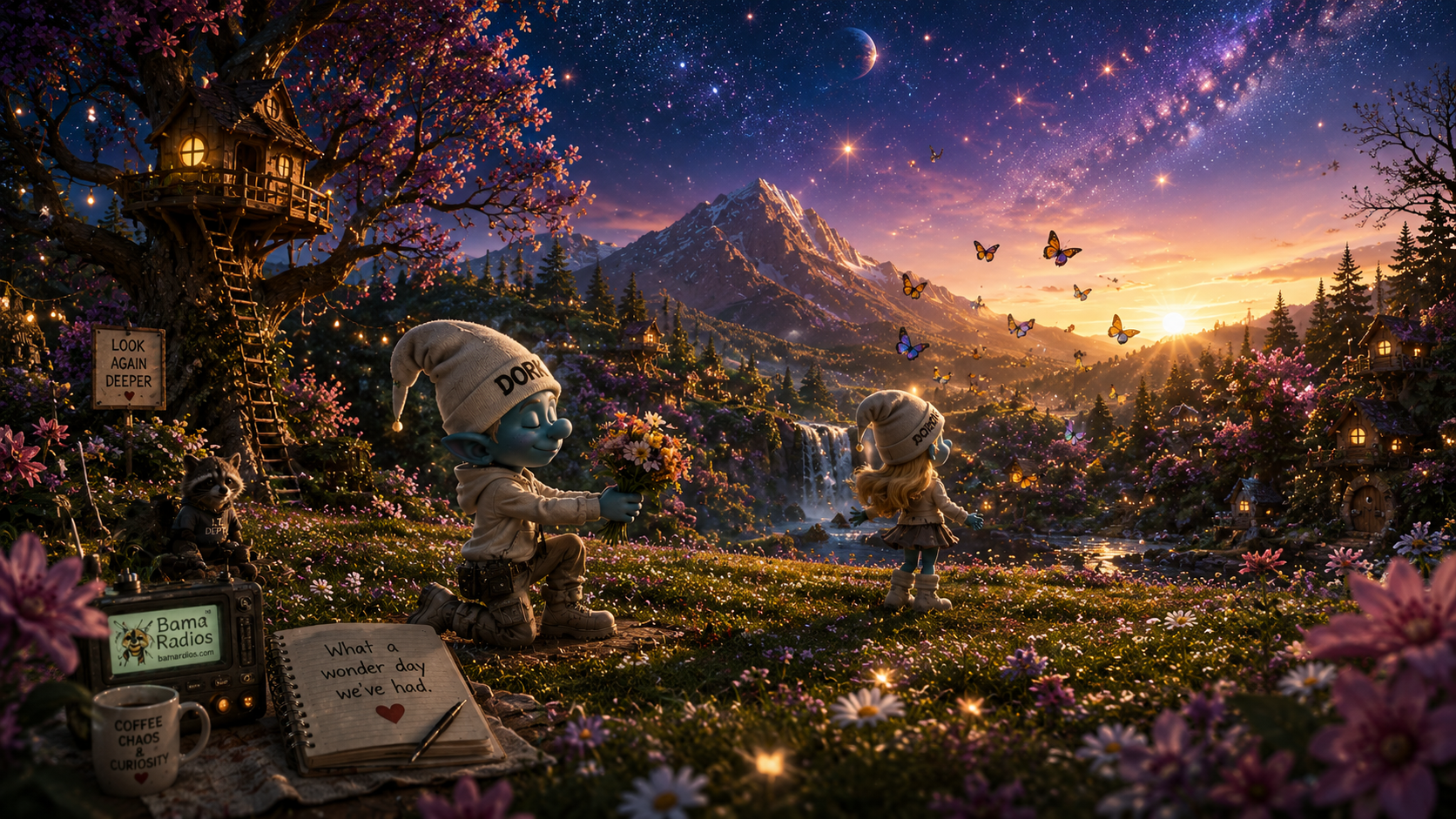 A whimsical fantasy scene at sunset featuring two elves in a flower-covered meadow, with butterflies flying overhead. One elf offers a bouquet of flowers to the other. A kitten sits beside a radio, a notebook with the message 'What a wonder day we've had.' is displayed. The background showcases mountain peaks, a waterfall, glowing fairy houses, and a starry sky with a galaxy and planets visible, creating a magical, storybook atmosphere.
