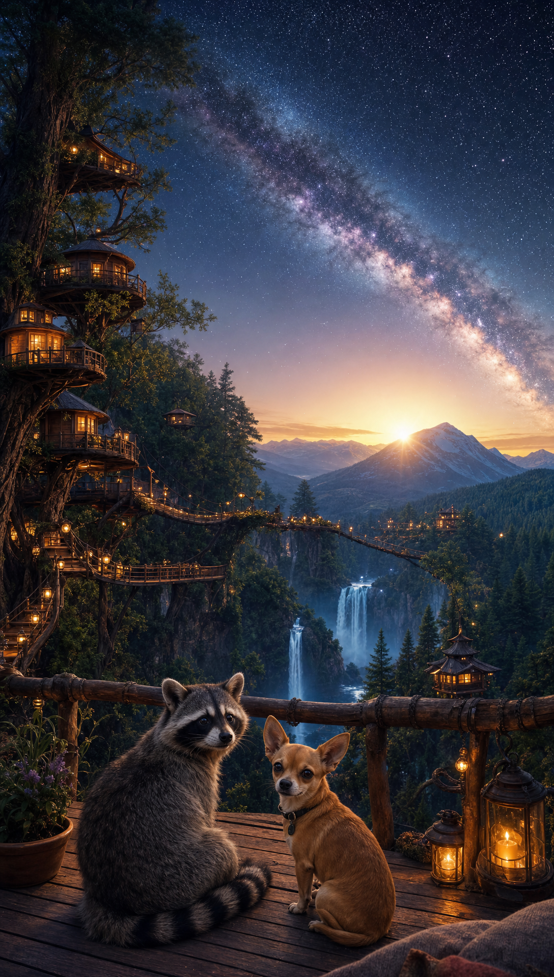 Two dogs sitting on a wooden deck at sunset, overlooking waterfalls and mountains, with a starry night sky and the Milky Way galaxy visible.