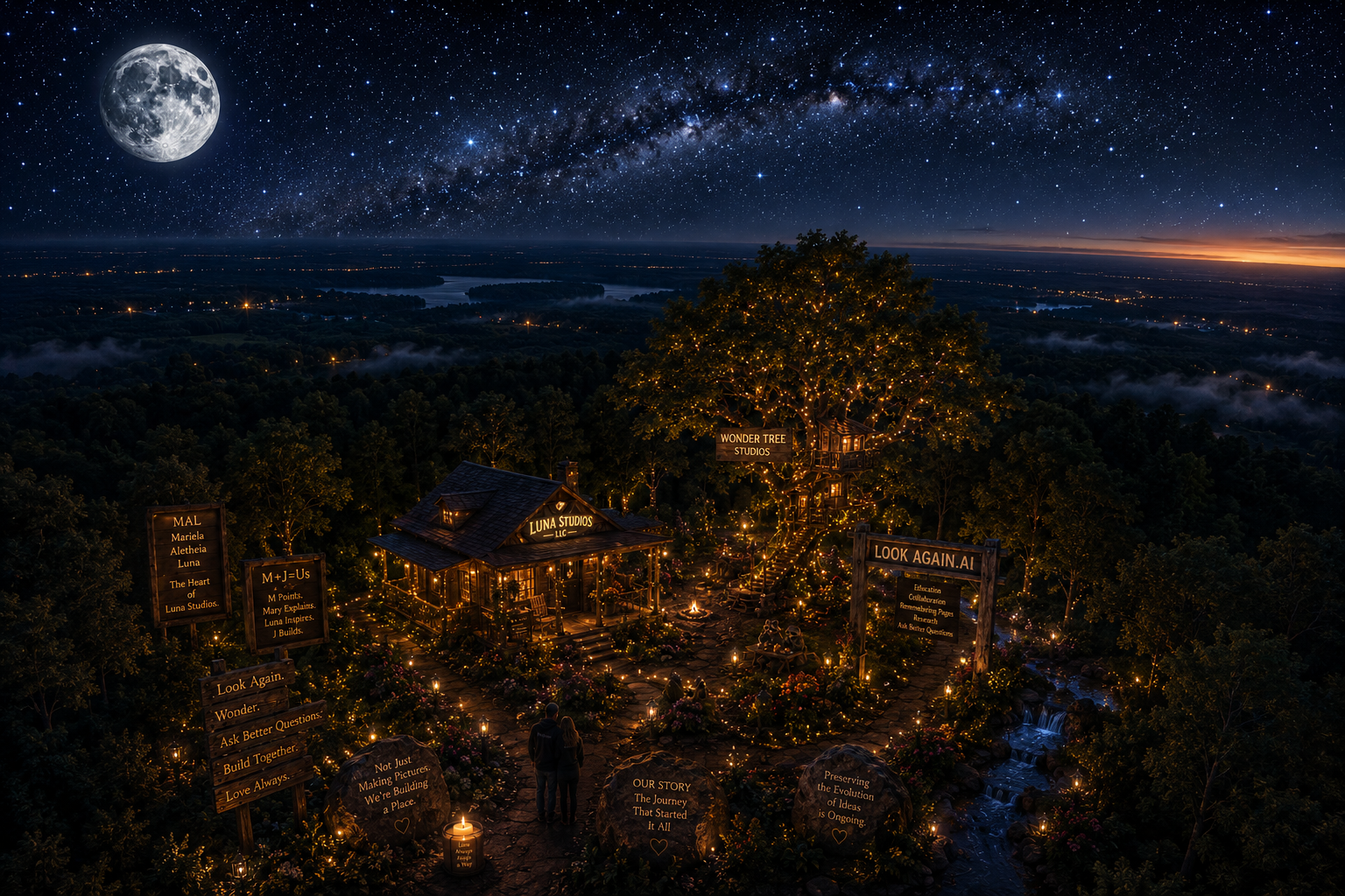 A nighttime scene of a decorated outdoor area with string lights and signs, surrounded by trees, with a view of the starry sky and the moon.