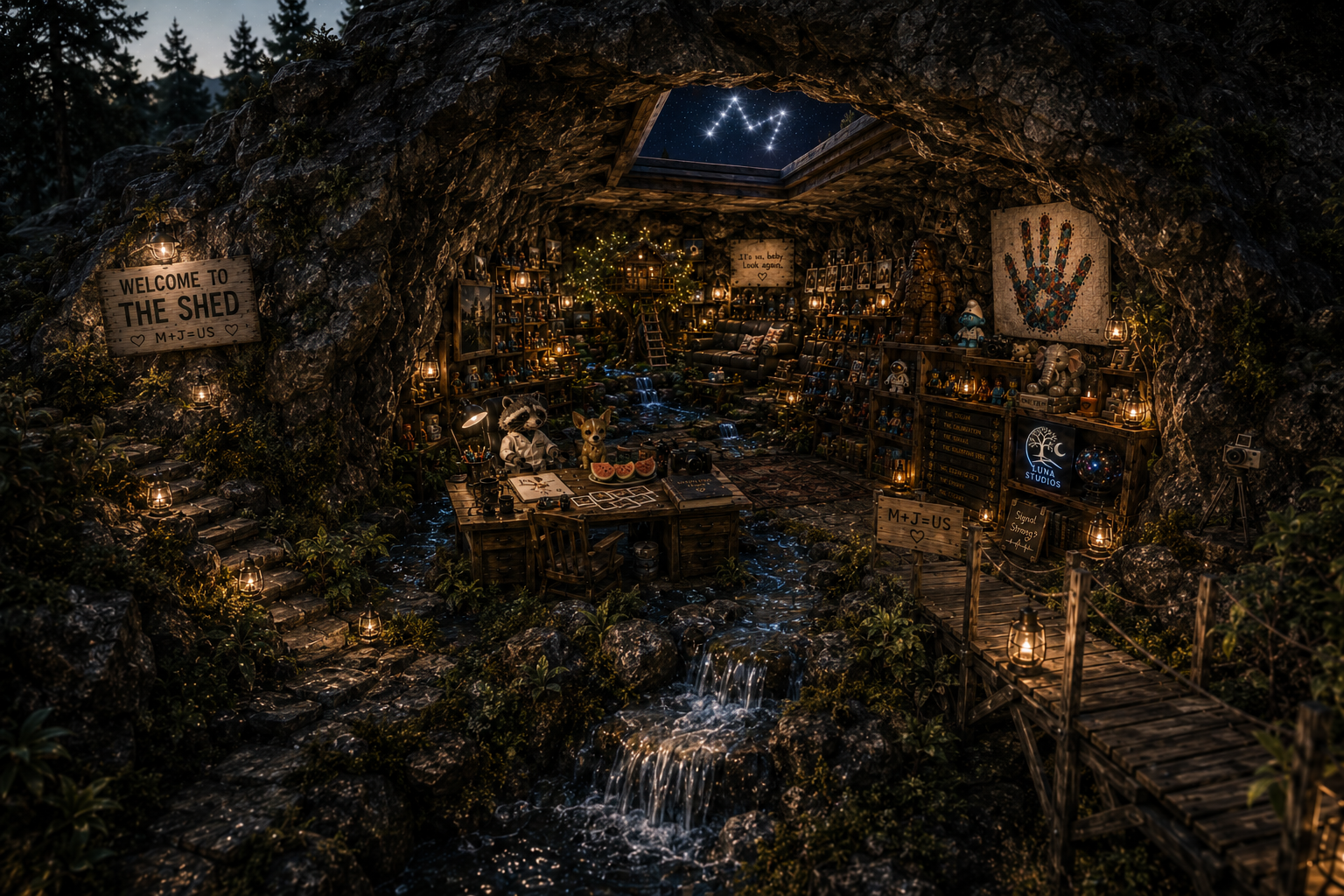 A cozy, decorated underground den or cave with a starry night sky visible through a skylight. The space is filled with shelves of toys, candles, and artwork. There are plush animals, a small waterfall, and a wooden table with food and books. Lanterns and string lights illuminate the scene, and a sign reads "Welcome to the Shed."