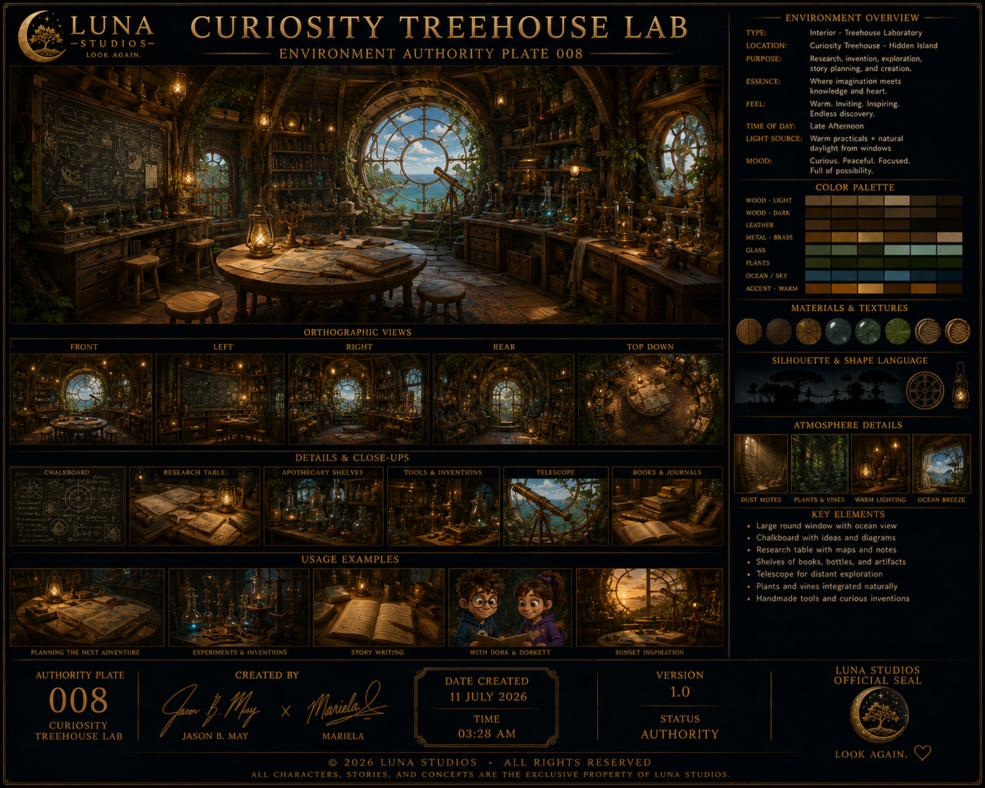 A detailed diagram of a curiosity treehouse lab interior with wooden furniture, shelves filled with bottles and artifacts, a large round window with an ocean view, and scientific equipment including a telescope, chalkboard, and research table.