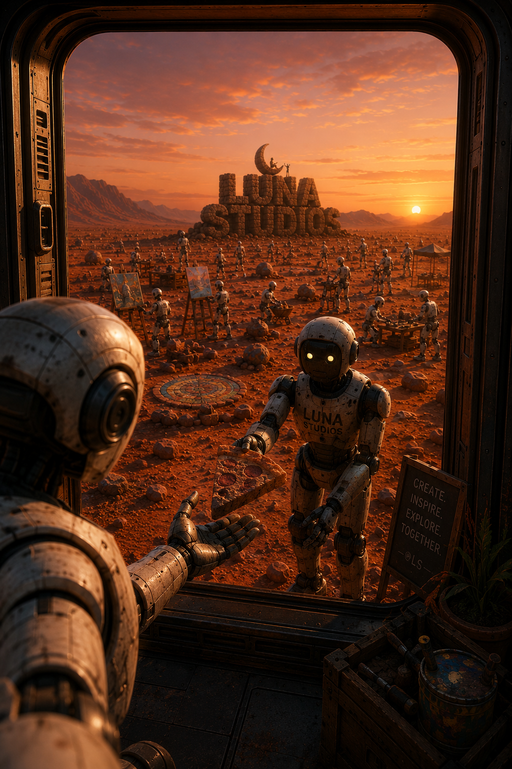 Robots on Mars exchanging pizza in front of a studio sign at sunset