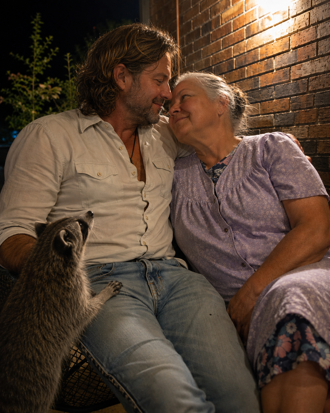 A middle-aged man and an elderly woman sitting close together outside at night, smiling and touching foreheads, with a brick wall behind them. A raccoon is on the man's lap looking up at them.