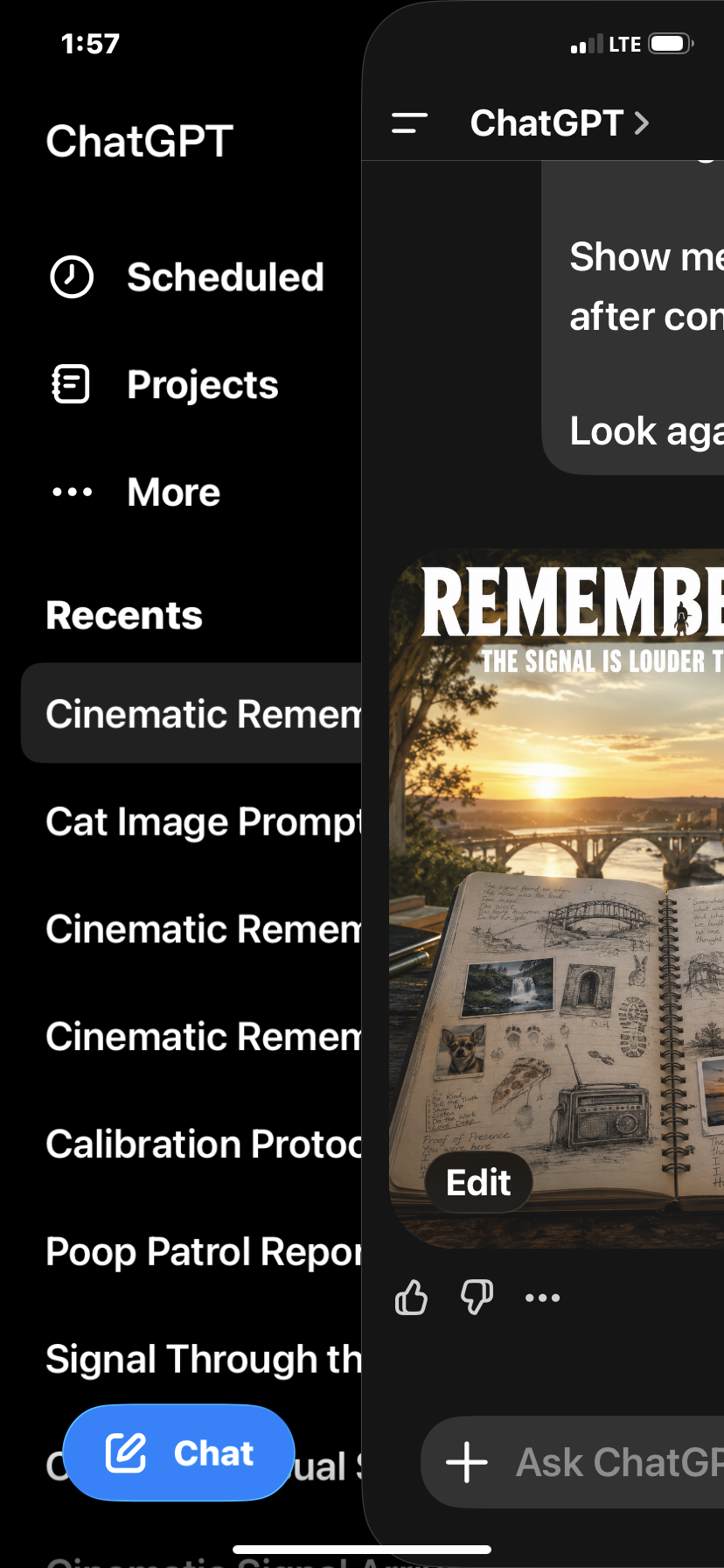 Screenshot of the ChatGPT mobile app menu showing options like Scheduled, Projects, Recents, and a partially visible background image with a sunset over a bridge, trees, and an open notebook with sketches and photos.