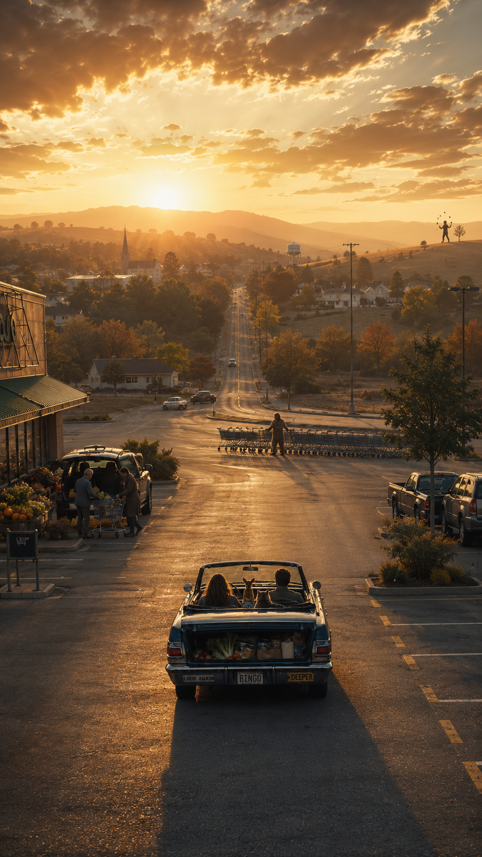 A parking lot at sunset with a vintage convertible car in the foreground carrying two people and a dog. People are shopping and pushing carts near the store, and the town extends into the distance with hills, trees, a church, and a water tower under a partly cloudy sky.