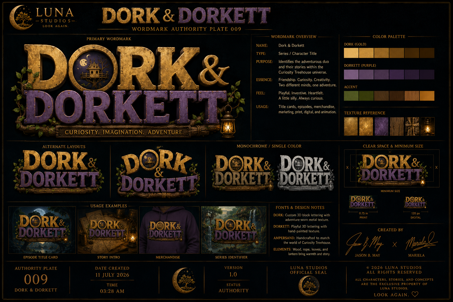 A character design sheet for 'Dork & Dorkett' by Luna Studios, featuring logos, color palettes, alternate layouts, usage examples, font notes, and creation details of the branding elements with a dark fantasy theme.
