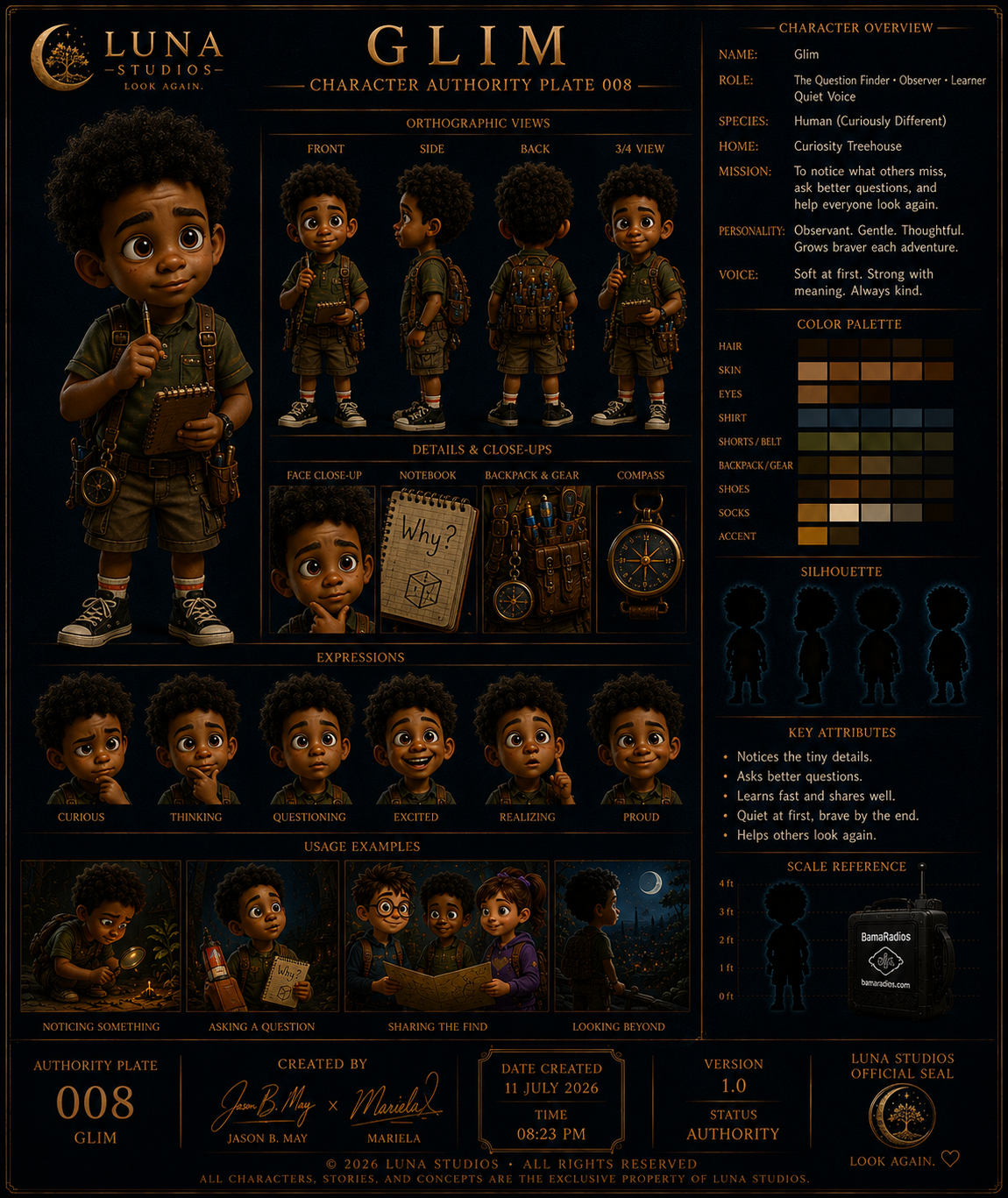 Character overview and detailed profile of Glim from Luna Studios, including orthographic views, facial expressions, usage examples, and personality traits. The character is a curious human with a backpack, notebook, and compass, designed for a story about exploration and discovery.