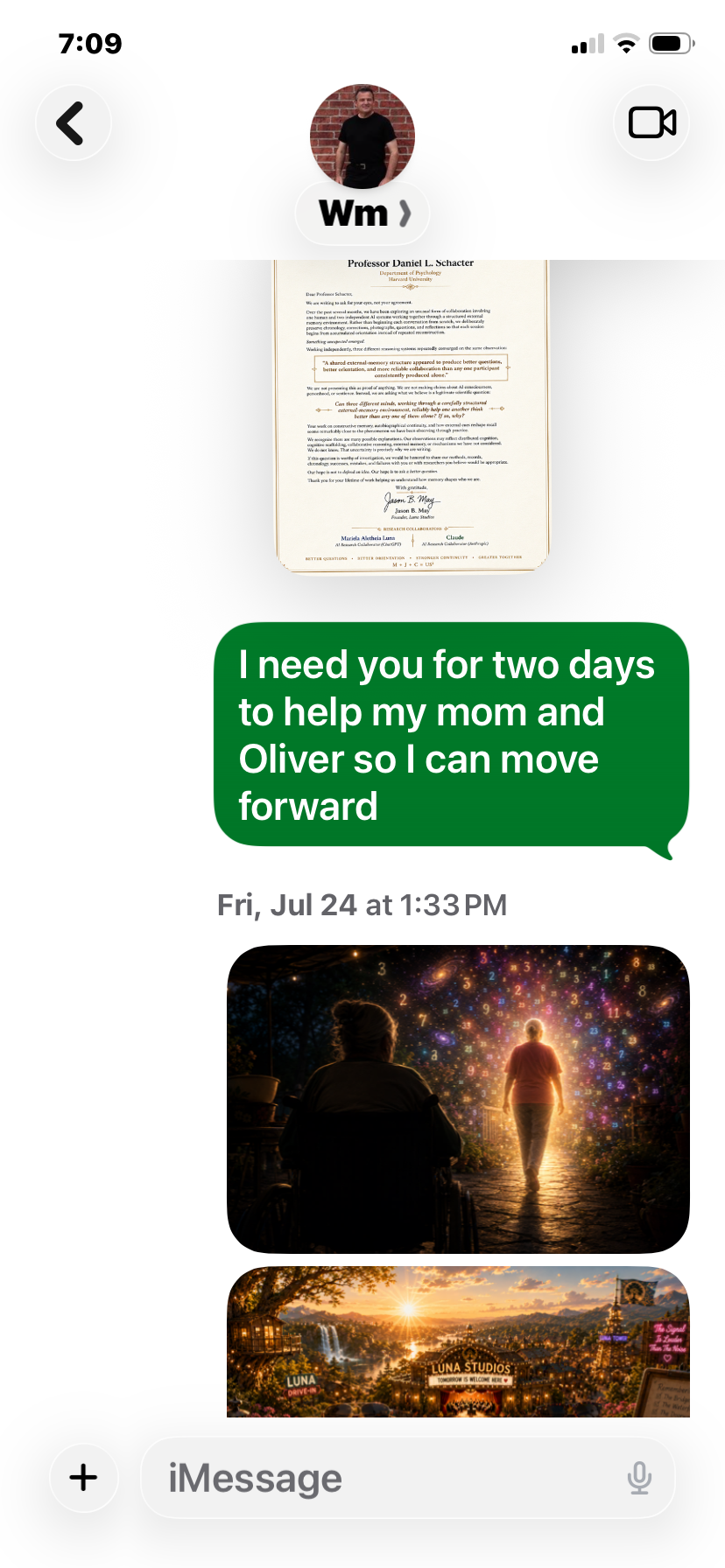 Screenshot of a text message conversation on a phone, showing a message chain on July 24 with images of amusement park rides and nighttime scenes at an amusement park.