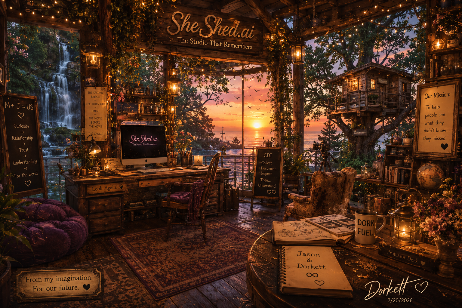 A cozy, rustic office with a large window overlooking a sunset over a lake with trees and birds. The room has a wooden desk with a computer, shelves, and various decorations including string lights, framed quotes, plants, and books. Outdoor scenery features waterfalls and trees, creating a peaceful ambiance.