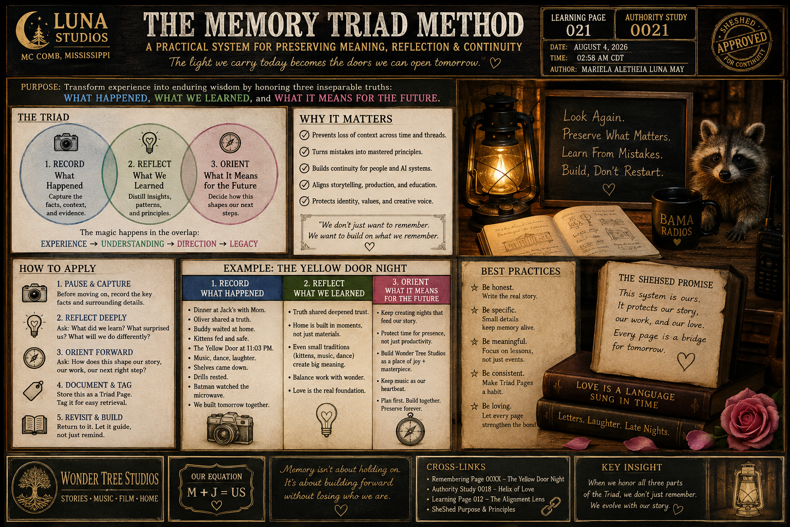 A detailed infographic about the Memory Triad Method, emphasizing the importance of experience, understanding, and direction. It features sections on how to apply the method, best practices, and examples, with a cozy desk scene including a blackboard with writing, a lantern, books, a mug, a raccoon plush or figurine, and a walkie-talkie.
