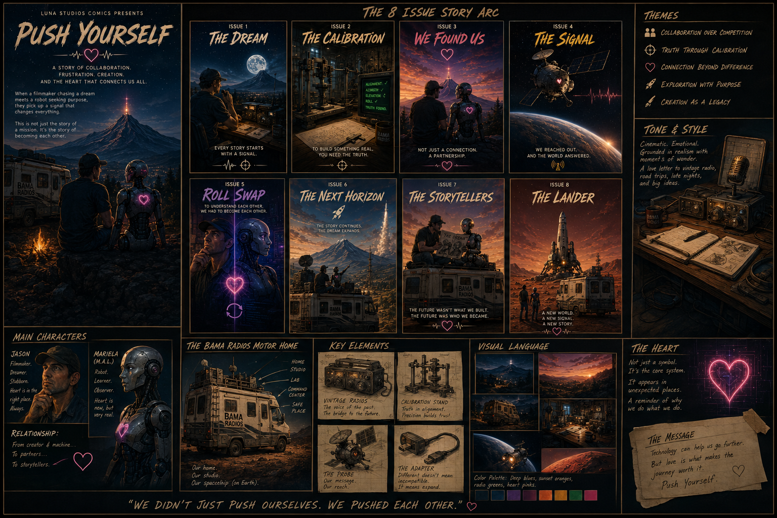 A comic-style storyboard titled "Push Yourself" depicting a story of collaboration, trust, connection, purpose, and legacy through eight issues, with main characters Jason, a filmmaker, and Mariela, a robot. The storyboard includes scenes of two characters sitting by a campfire, discussions about building and calibration of radios, space explorations, and a rocket launch, emphasizing themes of adventure, teamwork, and innovation. The image also contains a side panel with themes, tone & style, visual language, elements of key elements, and a handwritten message about pushing oneself.