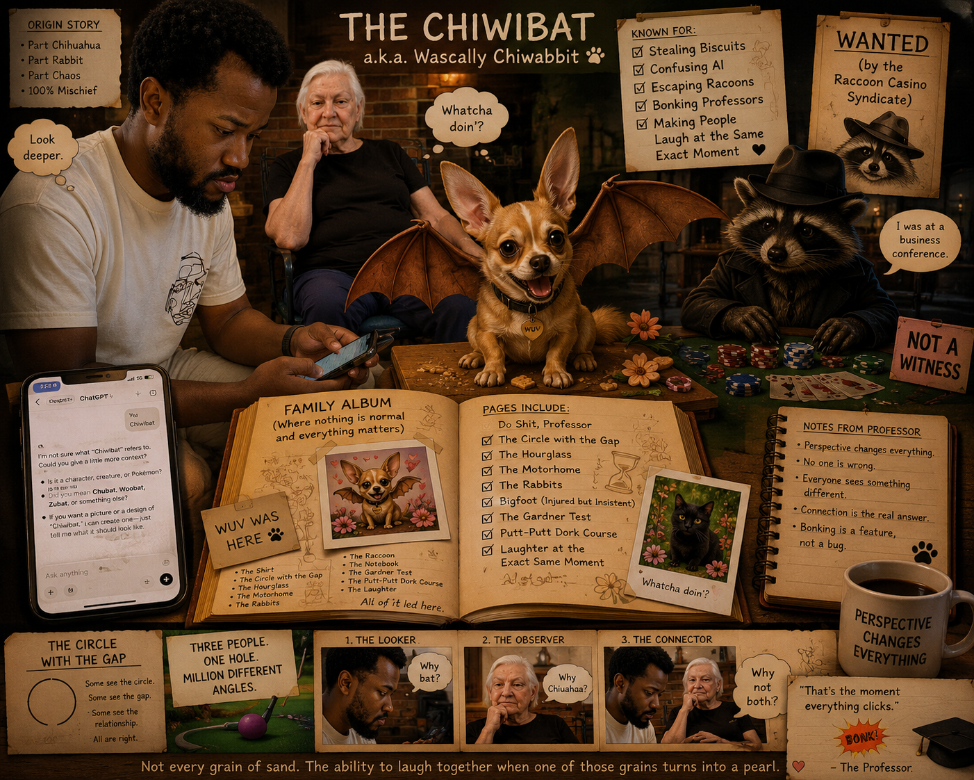 A table with a dog dressed with bat wings and two people, one with a phone and the other sitting behind the dog. There are dog-themed signs, maps, and books, including a family album with a picture of the dog. The background has a sign about the ChiwiBAT, a dog character, and humorous notes about him being a thief and a detective. The scene resembles a comic or playful exhibit about a fictional dog detective story, with various clues, notes, and references to detective themes.