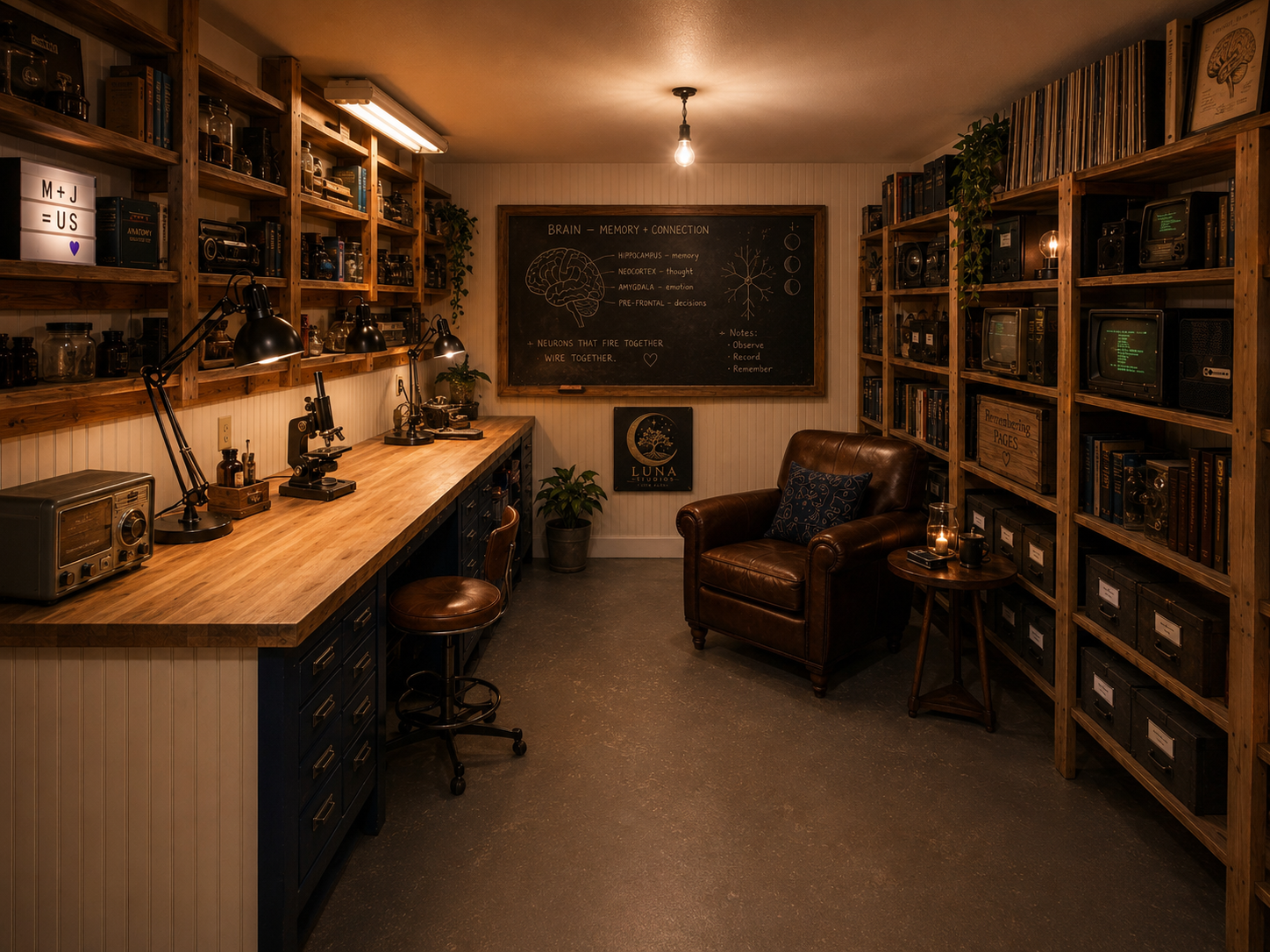 A cozy room with a wooden workbench, three black desk lamps, vintage radios, and microscopes on the counter. A blackboard on the wall has brain and neuron diagrams and notes about memory and connection. There is a leather armchair with a patterned pillow, a small wooden table with candles, and bookshelves filled with books and storage boxes.