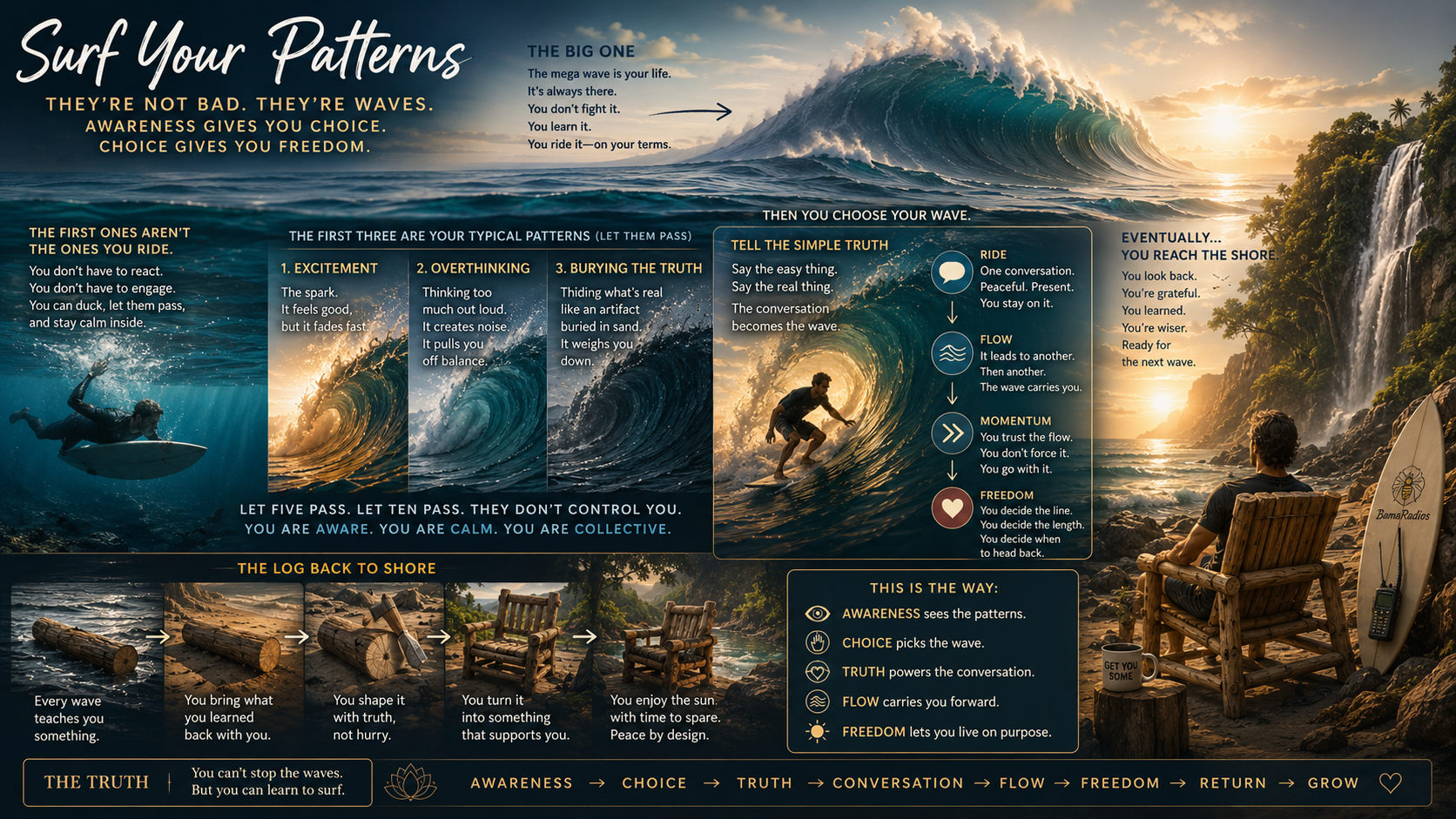 Infographic about surfing waves and life's patterns, showing a large ocean wave, a surfer riding a wave, and a person sitting on a chair with a surfboard nearby. The text discusses awareness, choice, truth, conversation, flow, and freedom in life, with steps to navigate life's waves and grow.