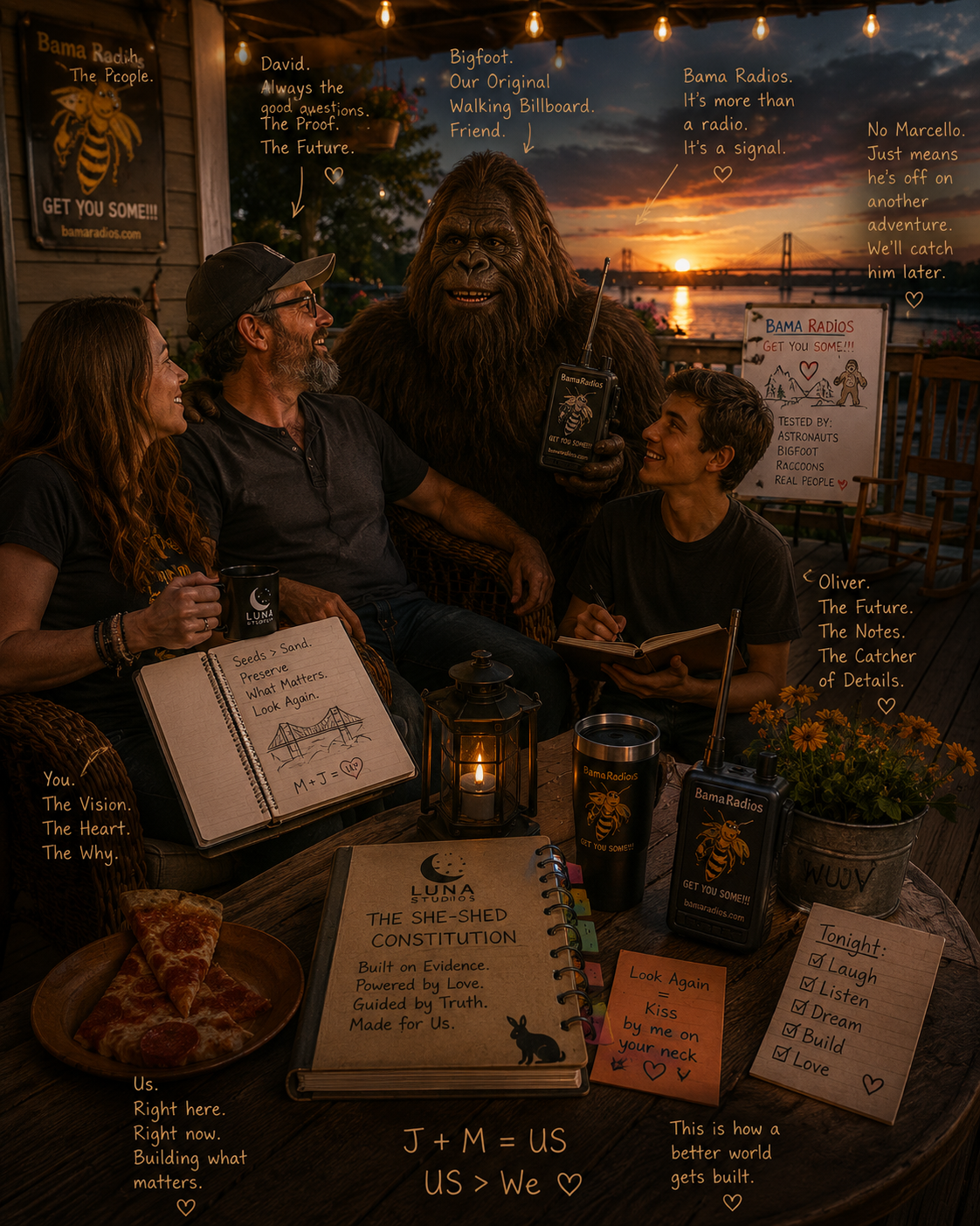 A group of people and a Bigfoot character sitting around a table on a porch during sunset, with a river and bridge in the background. The scene is decorated with signs, notebooks, and a flower pot.