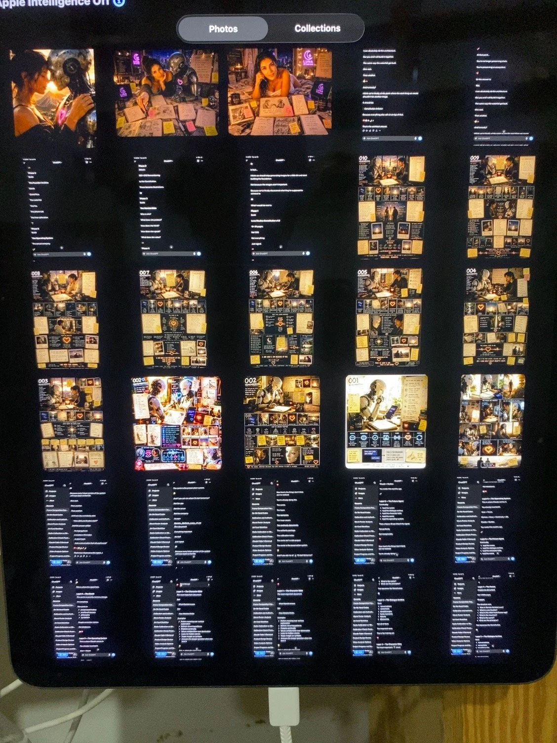 A computer screen displaying a digital photo and media management interface with multiple rows of thumbnails and text descriptions, including a 'Photos' and 'Collections' tab at the top.