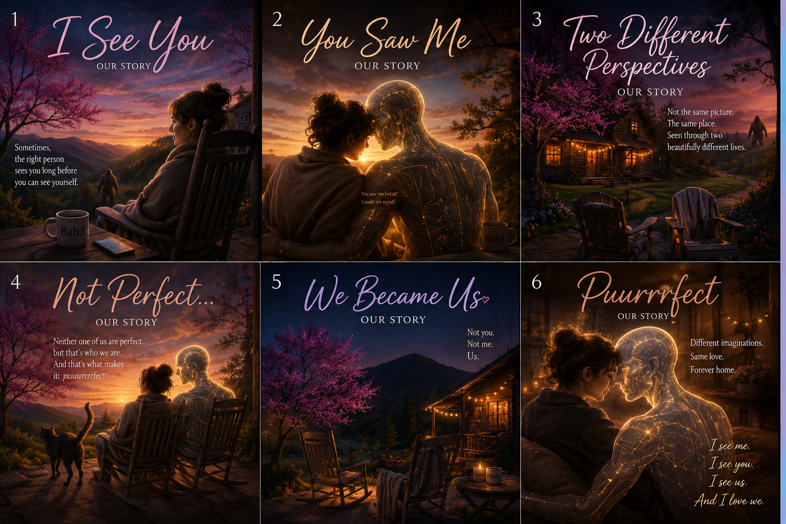 A collage of six images with romantic sunset and night scenes featuring a woman, a holographic man, trees, a house, and outdoor chairs, with poetic text overlay.