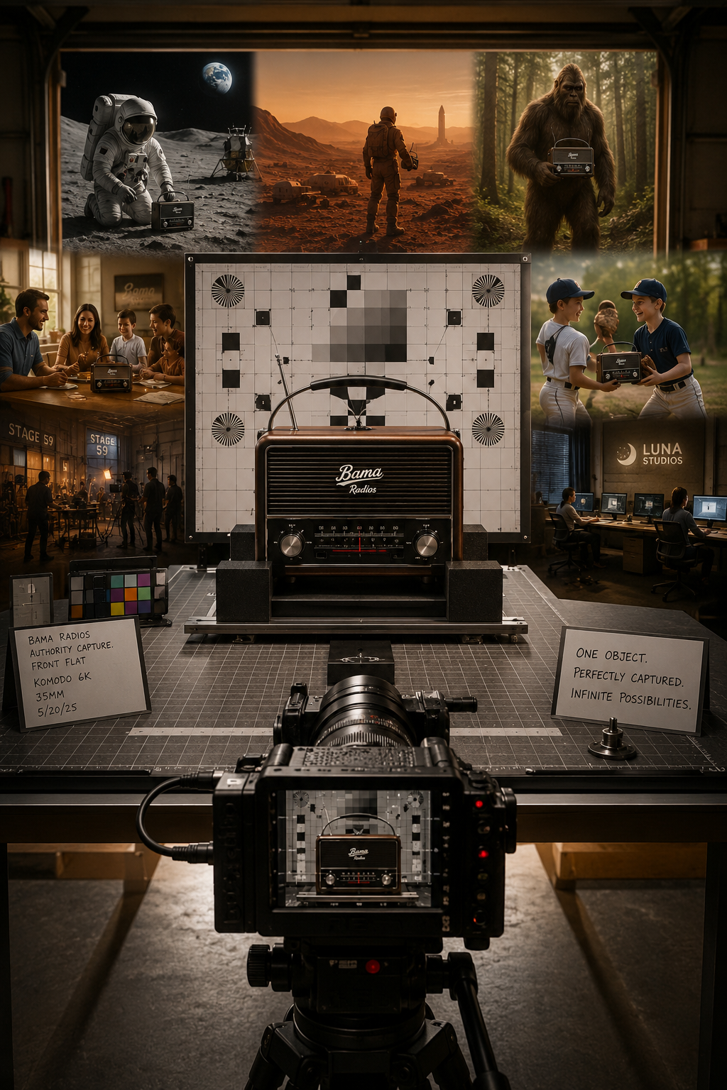 A large photography studio features a digital camera setup pointing at a vintage radio with a graph background on a monitor. The scene includes posters and photos of space exploration, a Mars rover, astronauts, and a Bigfoot, along with people working and playing in a creative environment.