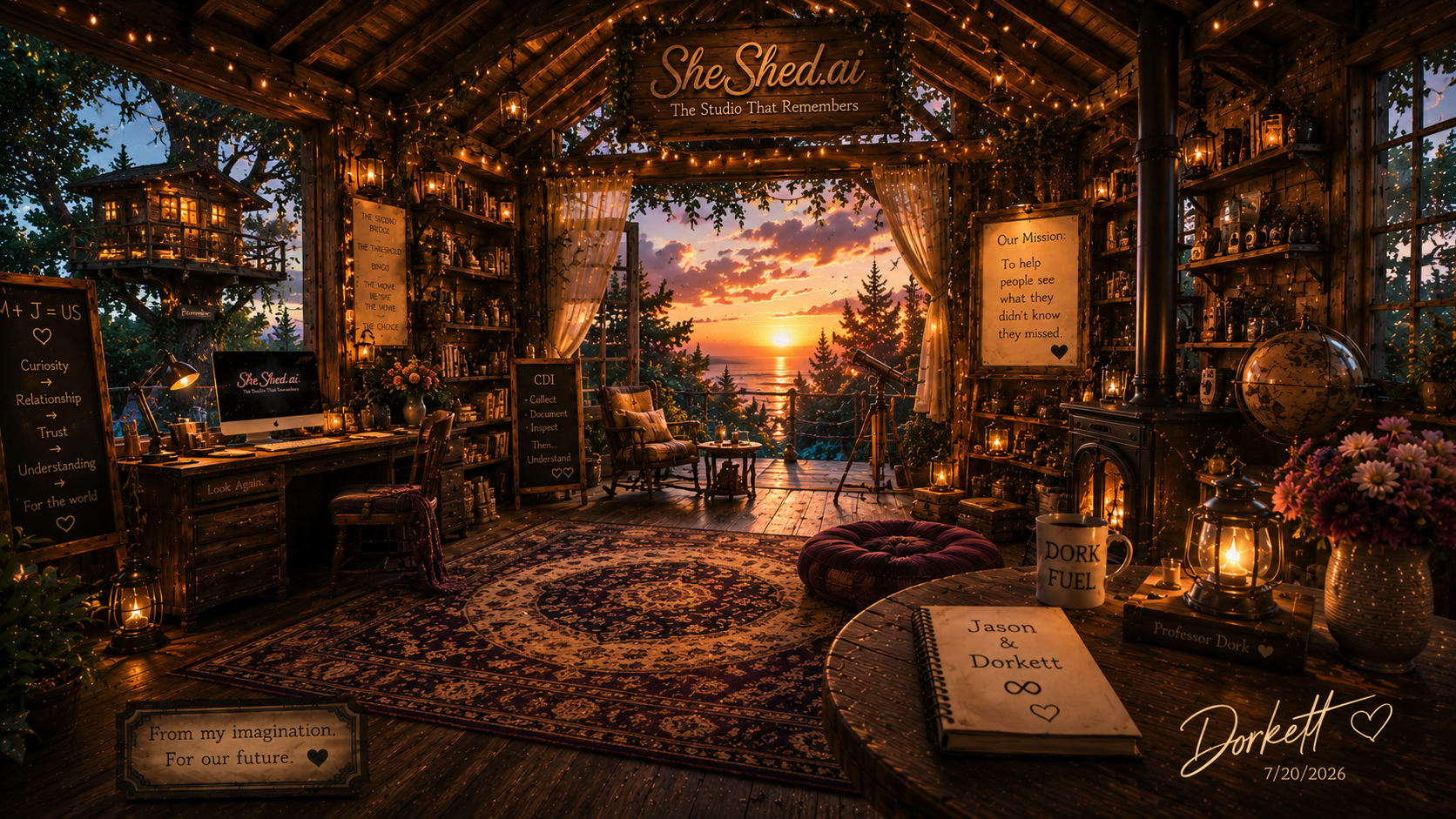 Cozy wooden room with warm fairy lights, shelves filled with books and vintage cameras, a desk with a computer, and a view of a sunset over trees and a body of water through open doors. Decor includes lanterns, flowers, and motivational quotes, creating a warm, inviting atmosphere.